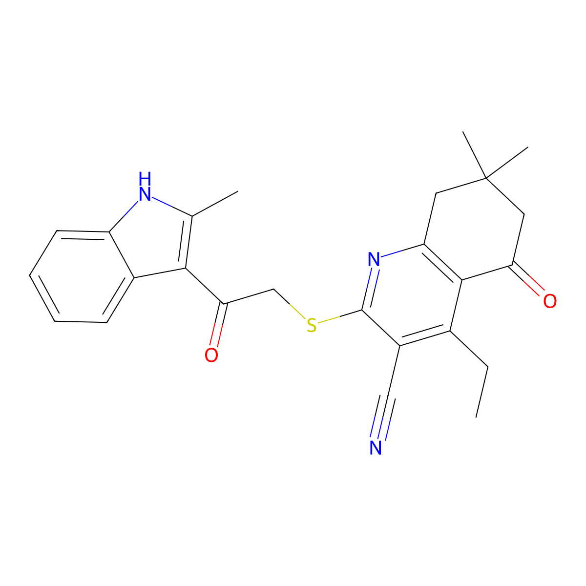4-ethyl-7,7-dimethyl-2-[2-(2-methyl-1H-indol-3-yl)-2-oxoethyl]sulfanyl-5-oxo-6,8-dihydroquinoline-3-carbonitrile molecular structure, CAS 727689-83-0