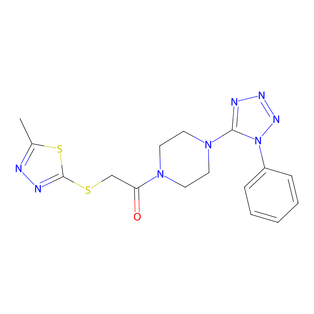 2-[(5-methyl-1,3,4-thiadiazol-2-yl)sulfanyl]-1-[4-(1-phenyl-1H-1,2,3,4-tetrazol-5-yl)piperazin-1-yl]ethan-1-one molecular structure, CAS 727689-85-2
