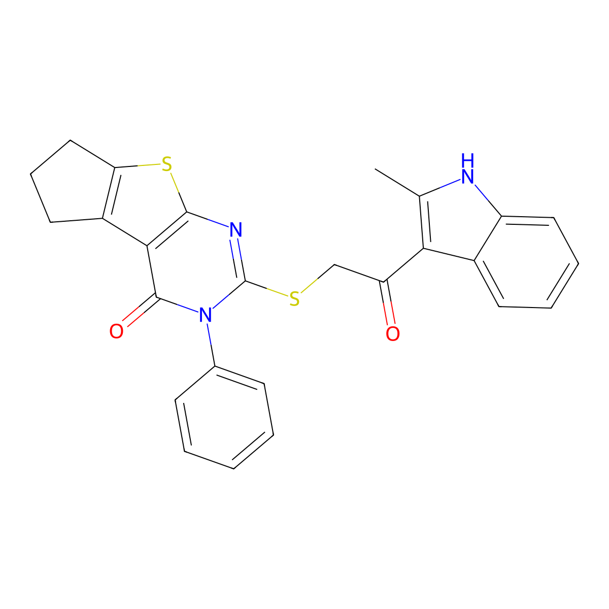 10-{[2-(2-methyl-1H-indol-3-yl)-2-oxoethyl]sulfanyl}-11-phenyl-7-thia-9,11-diazatricyclo[6.4.0.0^{2,6}]dodeca-1(8),2(6),9-trien-12-one molecular structure, CAS 727689-86-3