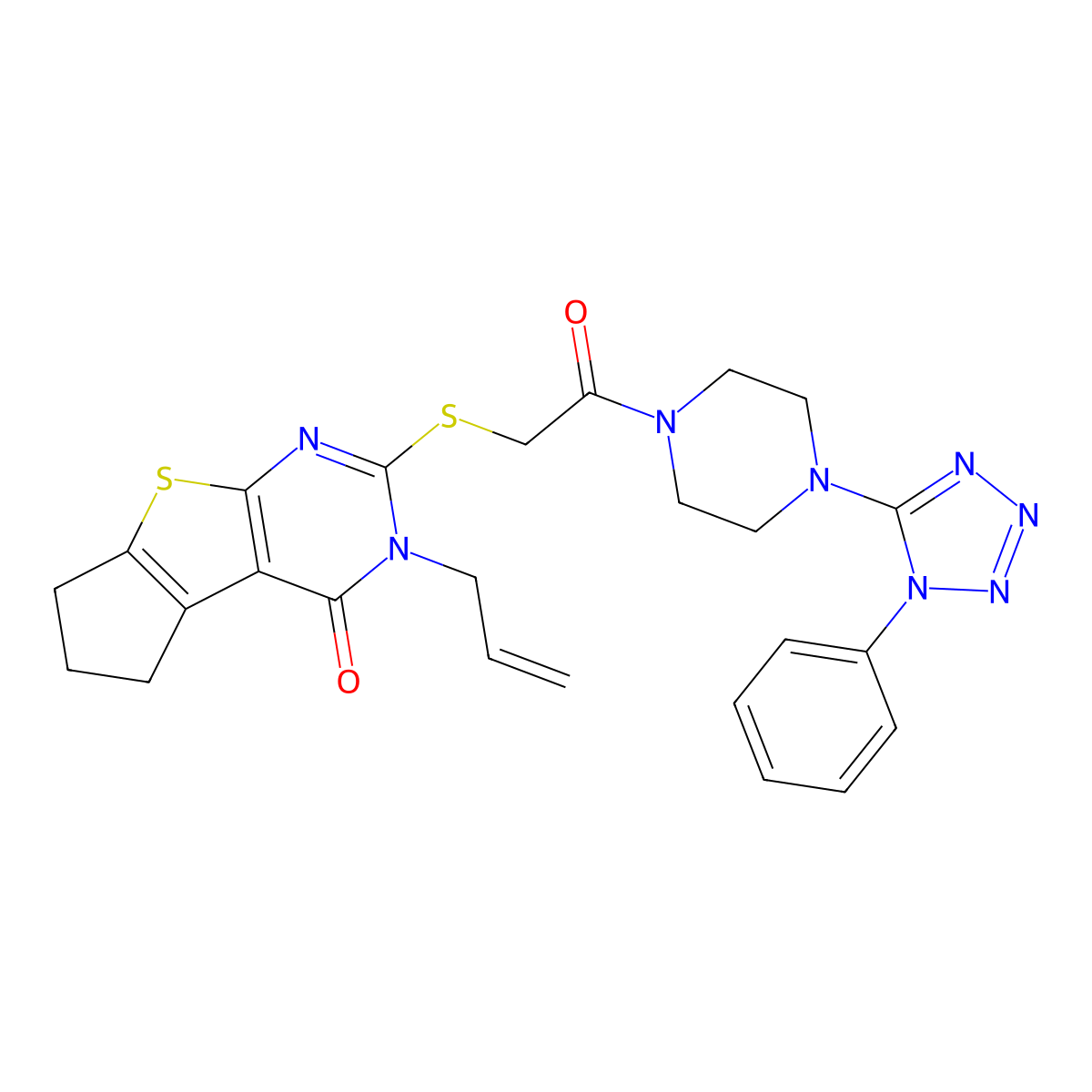 10-({2-oxo-2-[4-(1-phenyl-1H-1,2,3,4-tetrazol-5-yl)piperazin-1-yl]ethyl}sulfanyl)-11-(prop-2-en-1-yl)-7-thia-9,11-diazatricyclo[6.4.0.0^{2,6}]dodeca-1(8),2(6),9-trien-12-one molecular structure, CAS 727689-88-5