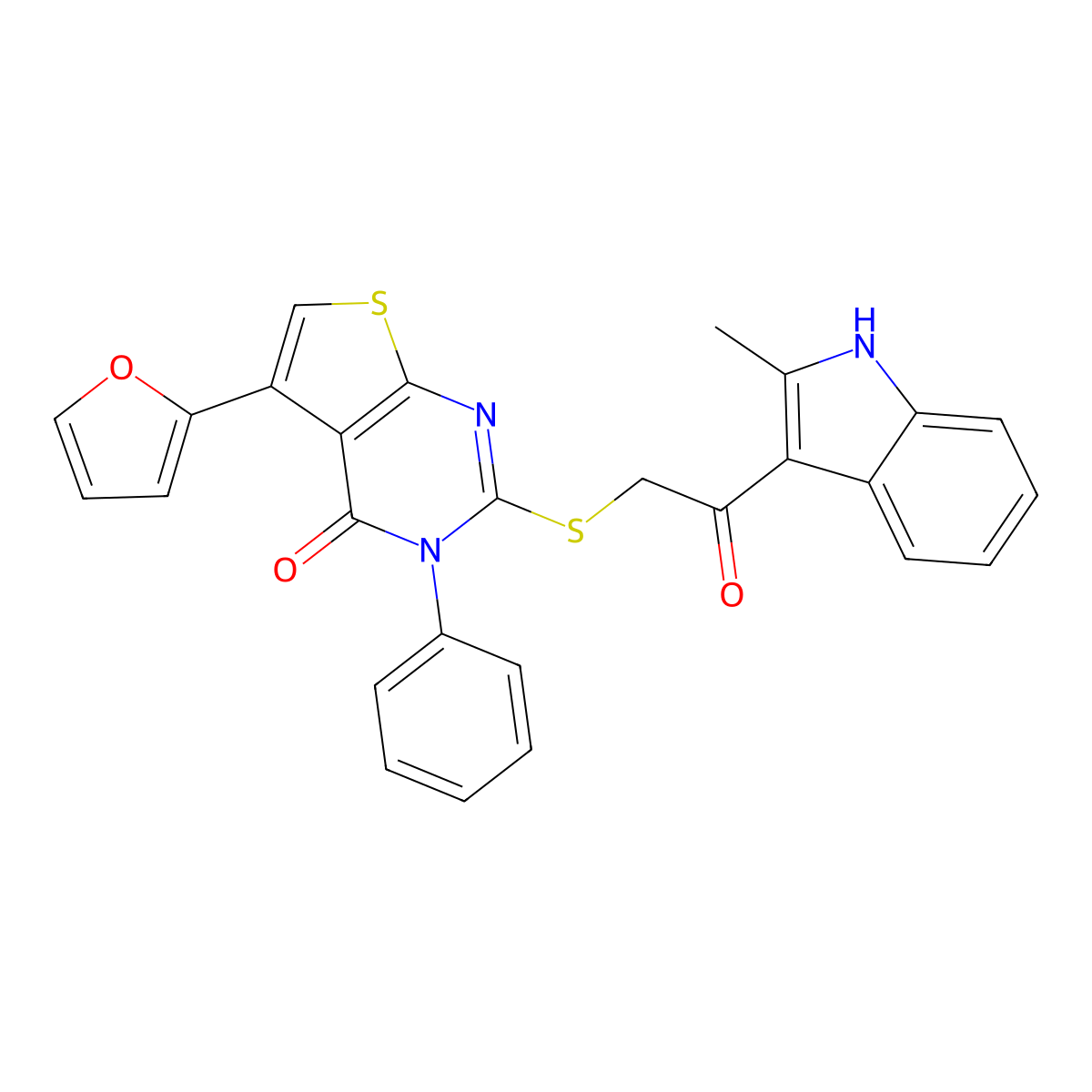 5-(furan-2-yl)-2-[2-(2-methyl-1H-indol-3-yl)-2-oxoethyl]sulfanyl-3-phenylthieno[2,3-d]pyrimidin-4-one molecular structure, CAS 727689-93-2