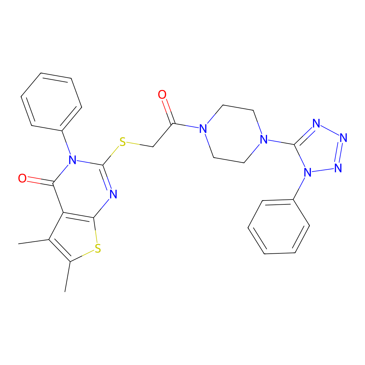 5,6-Dimethyl-2-[2-oxo-2-[4-(1-phenyltetrazol-5-yl)piperazin-1-yl]ethyl]sulfanyl-3-phenylthieno[2,3-d]pyrimidin-4-one molecular structure, CAS 727690-01-9