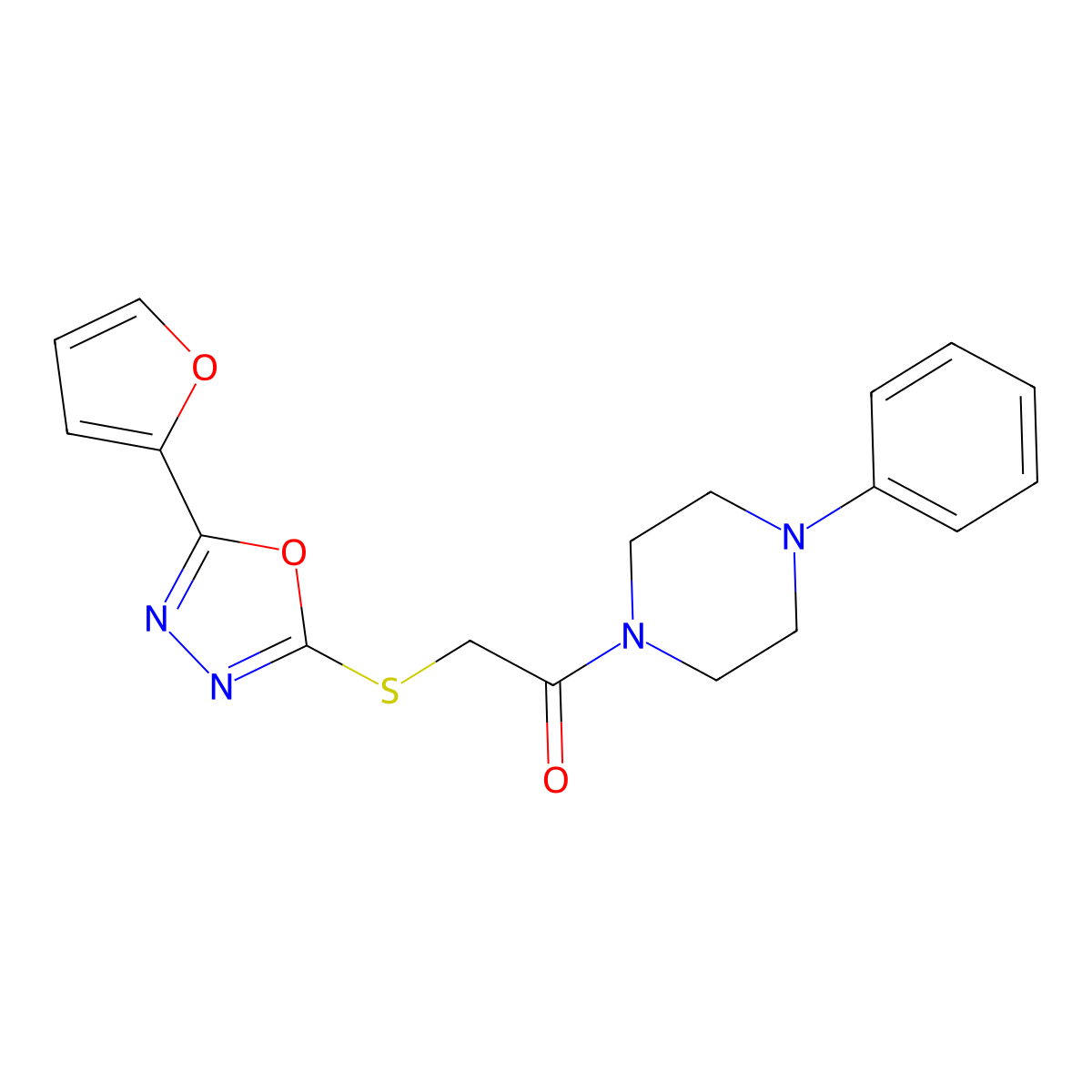 2-[[5-(Furan-2-yl)-1,3,4-oxadiazol-2-yl]sulfanyl]-1-(4-phenylpiperazin-1-yl)ethanone molecular structure, CAS 727700-82-5