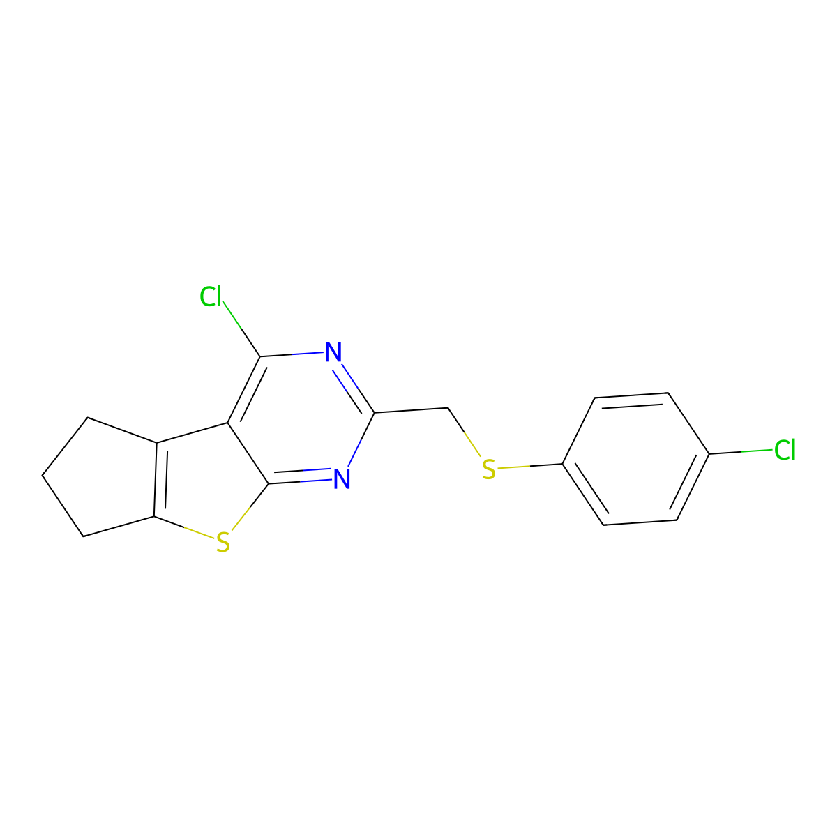 4-Chloro-2-[[(4-chlorophenyl)thio]methyl]-6,7-dihydro-5H-cyclopenta[4,5]thieno[2,3-D]pyrimidine molecular structure, CAS 727718-10-7