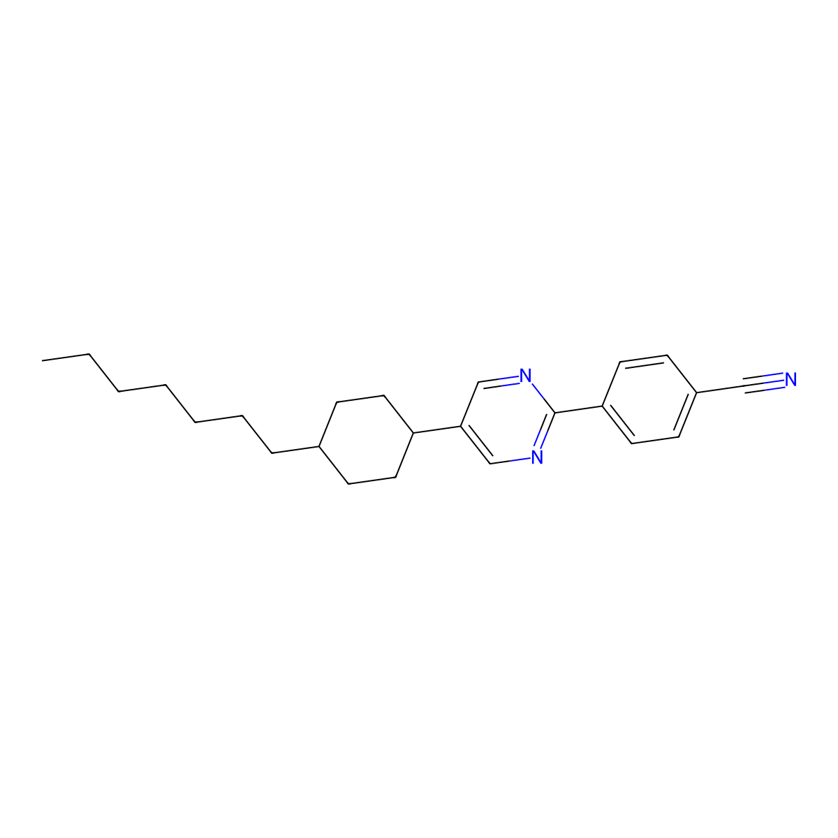 Benzonitrile, 4-[5-(trans-4-heptylcyclohexyl)-2-pyrimidinyl]- molecular structure, CAS 72785-10-5