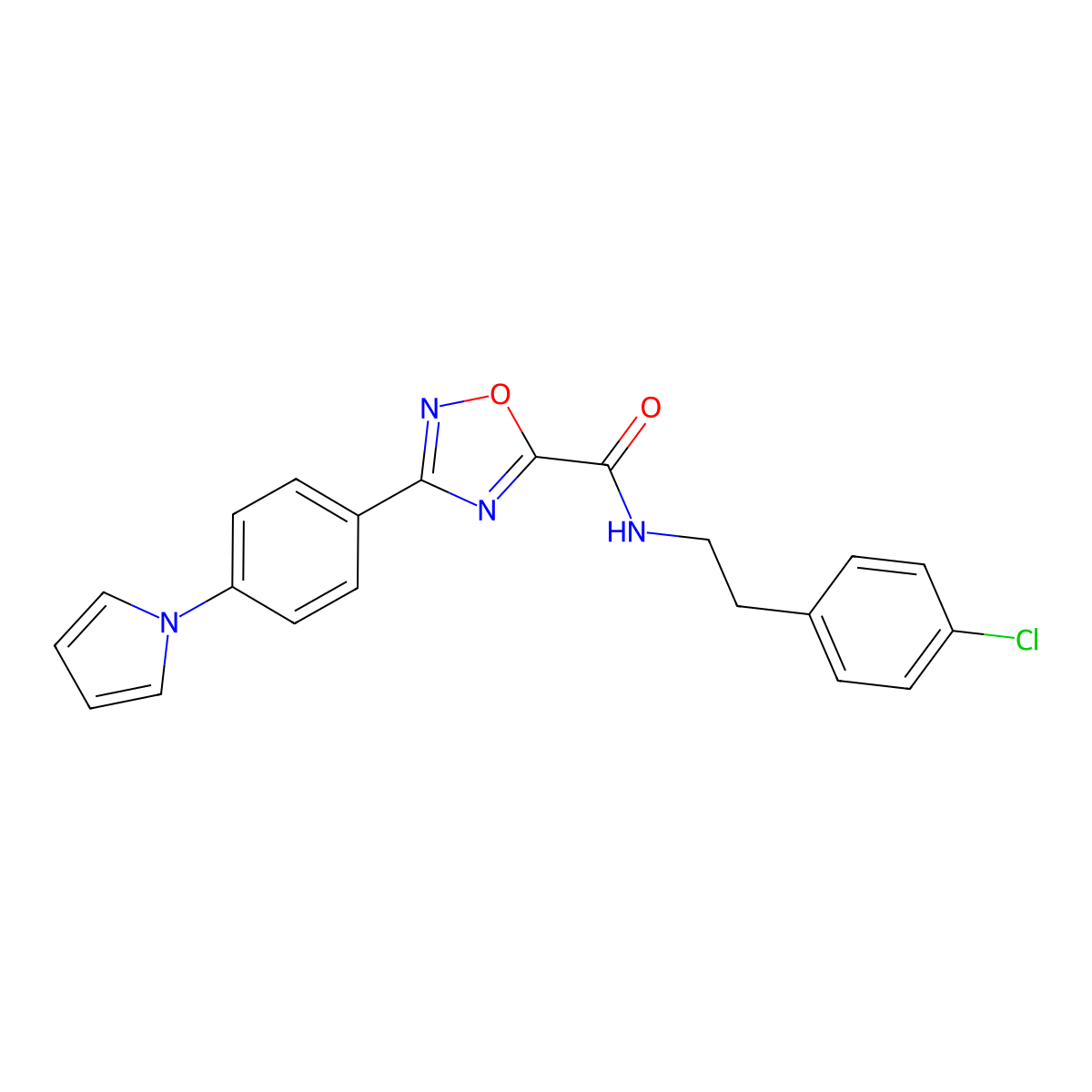 N-[2-(4-chlorophenyl)ethyl]-3-(4-pyrrol-1-ylphenyl)-1,2,4-oxadiazole-5-carboxamide molecular structure, CAS 727997-47-9