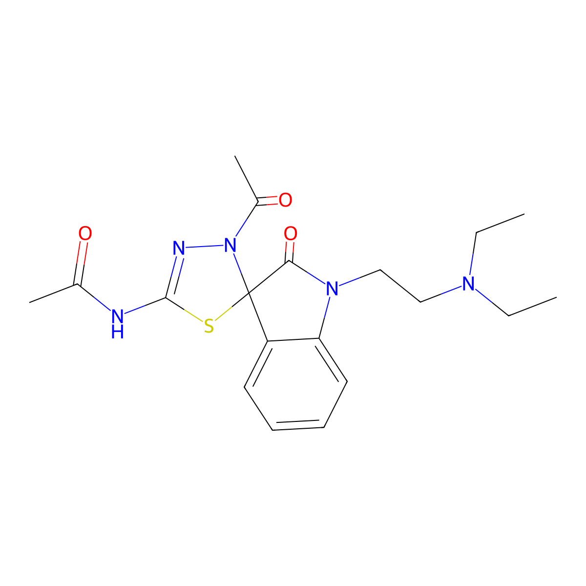 N-{3'-acetyl-1-[2-(diethylamino)ethyl]-2-oxo-1,2-dihydro-3'H-spiro[indole-3,2'-[1,3,4]thiadiazol]-5'-yl}acetamide molecular structure, CAS 727999-45-3