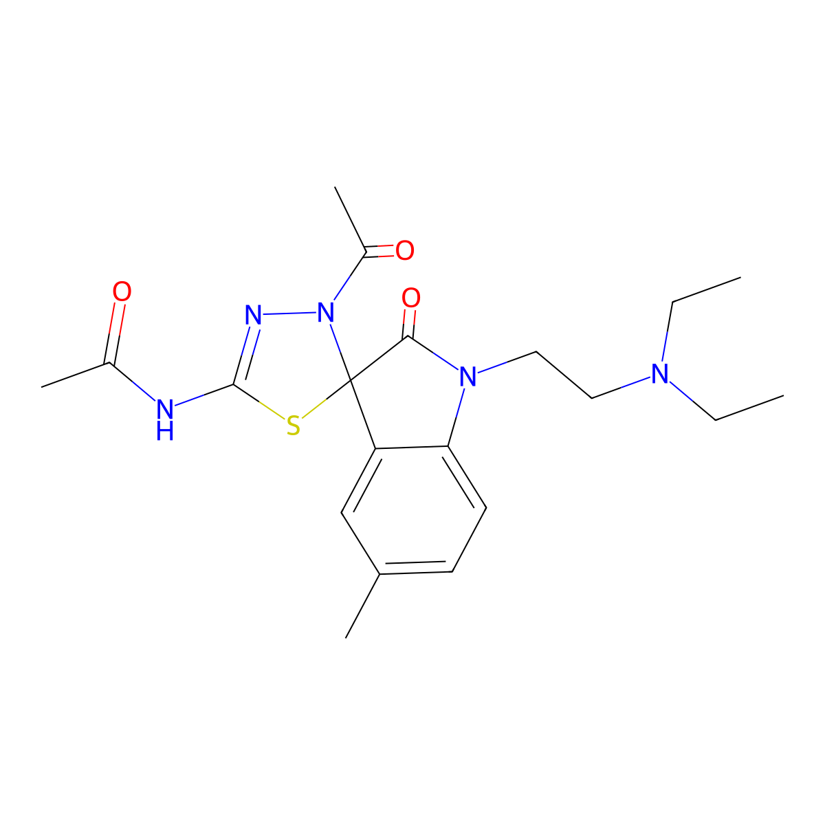 N-[4-Acetyl-1'-[2-(diethylamino)ethyl]-5'-methyl-2'-oxospiro[1,3,4-thiadiazole-5,3'-indole]-2-yl]acetamide molecular structure, CAS 727999-46-4