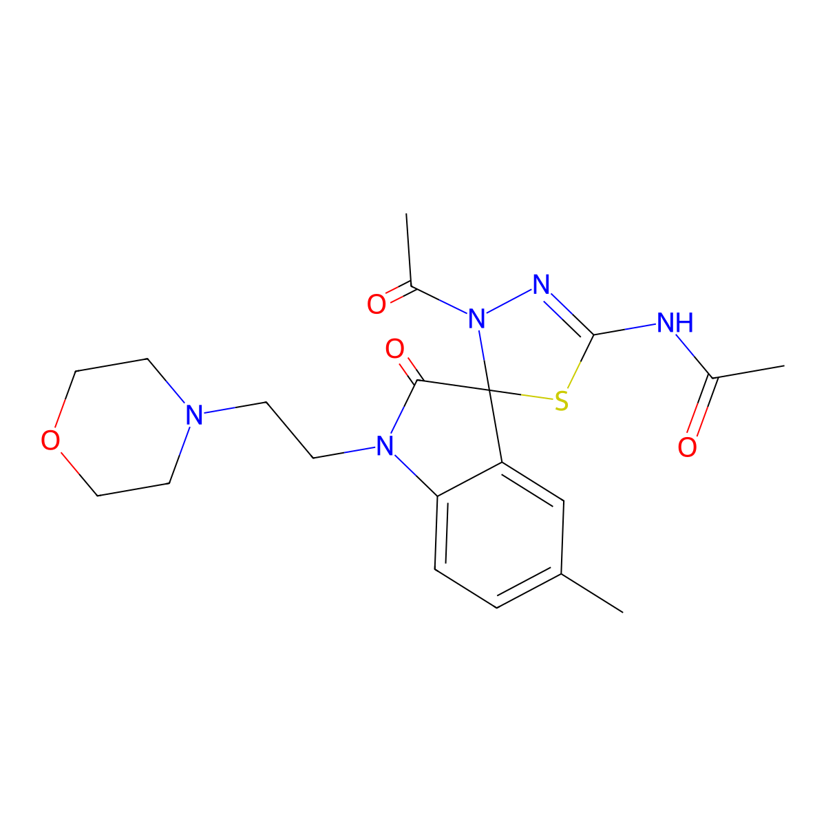 N-[4-acetyl-5'-methyl-1'-(2-morpholin-4-ylethyl)-2'-oxospiro[1,3,4-thiadiazole-5,3'-indole]-2-yl]acetamide molecular structure, CAS 727999-47-5
