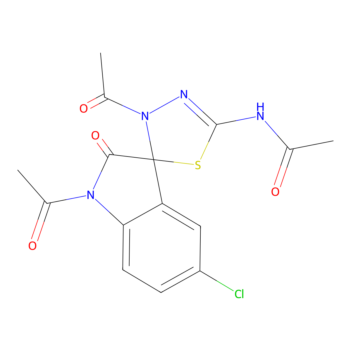 N-(1',4-diacetyl-5'-chloro-2'-oxospiro[1,3,4-thiadiazole-5,3'-indole]-2-yl)acetamide molecular structure, CAS 727999-48-6