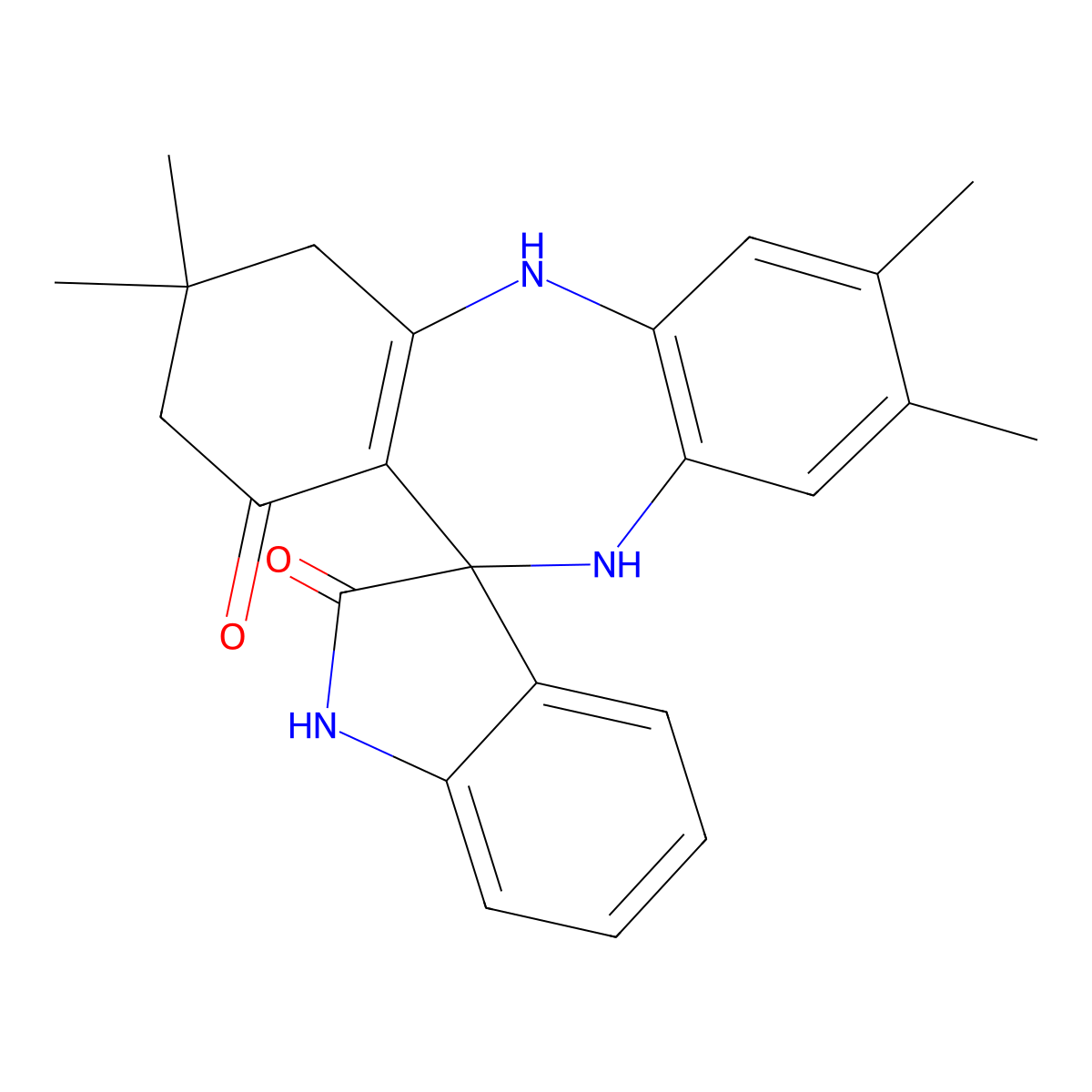 3,3,7,8-tetramethyl-3,4,5,10-tetrahydrospiro[dibenzo[b,e][1,4]diazepine-11,3'-indole]-1,2'(1'H,2H)-dione molecular structure, CAS 728000-19-9