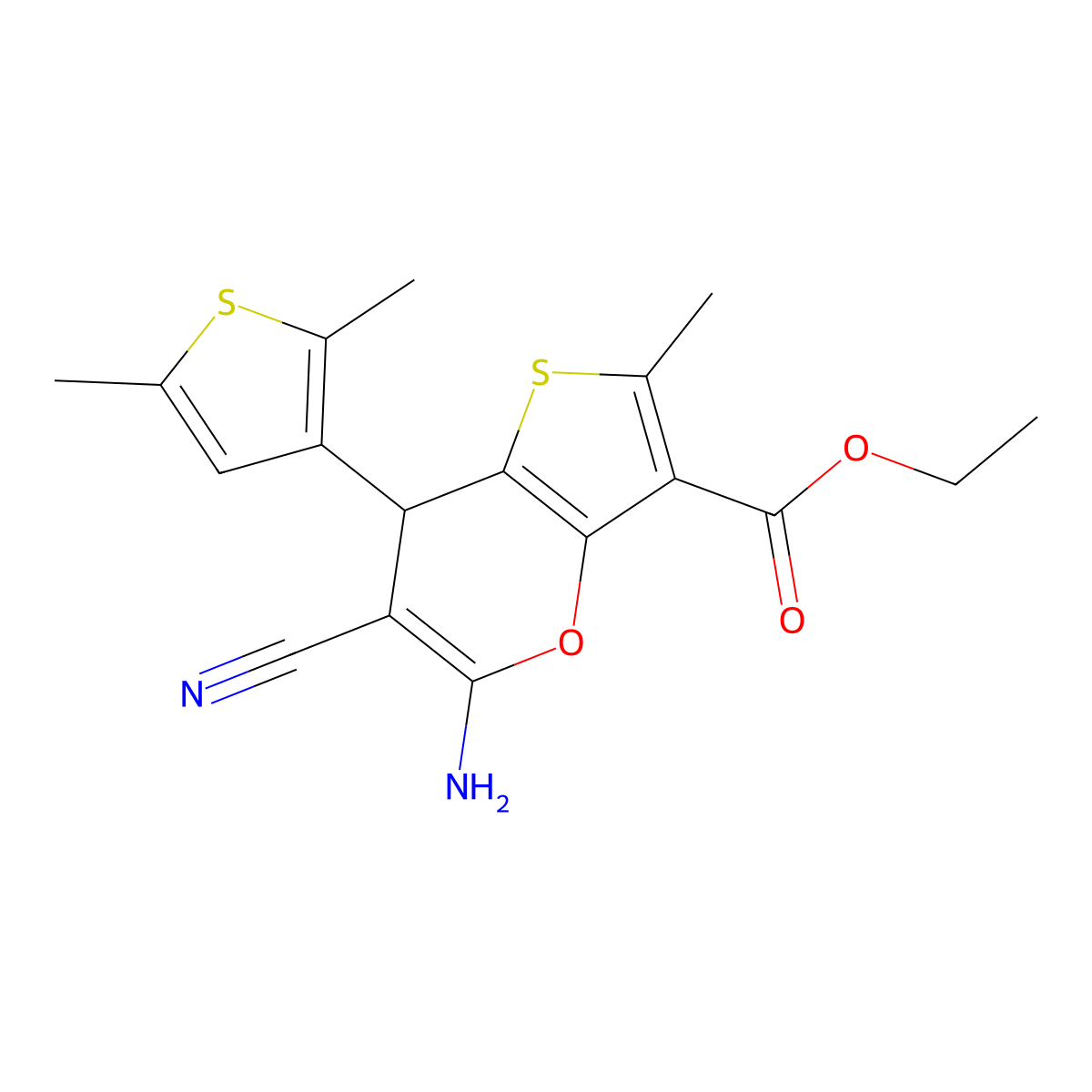 ethyl 5-amino-6-cyano-7-(2,5-dimethylthiophen-3-yl)-2-methyl-7H-thieno[3,2-b]pyran-3-carboxylate molecular structure, CAS 728000-87-1