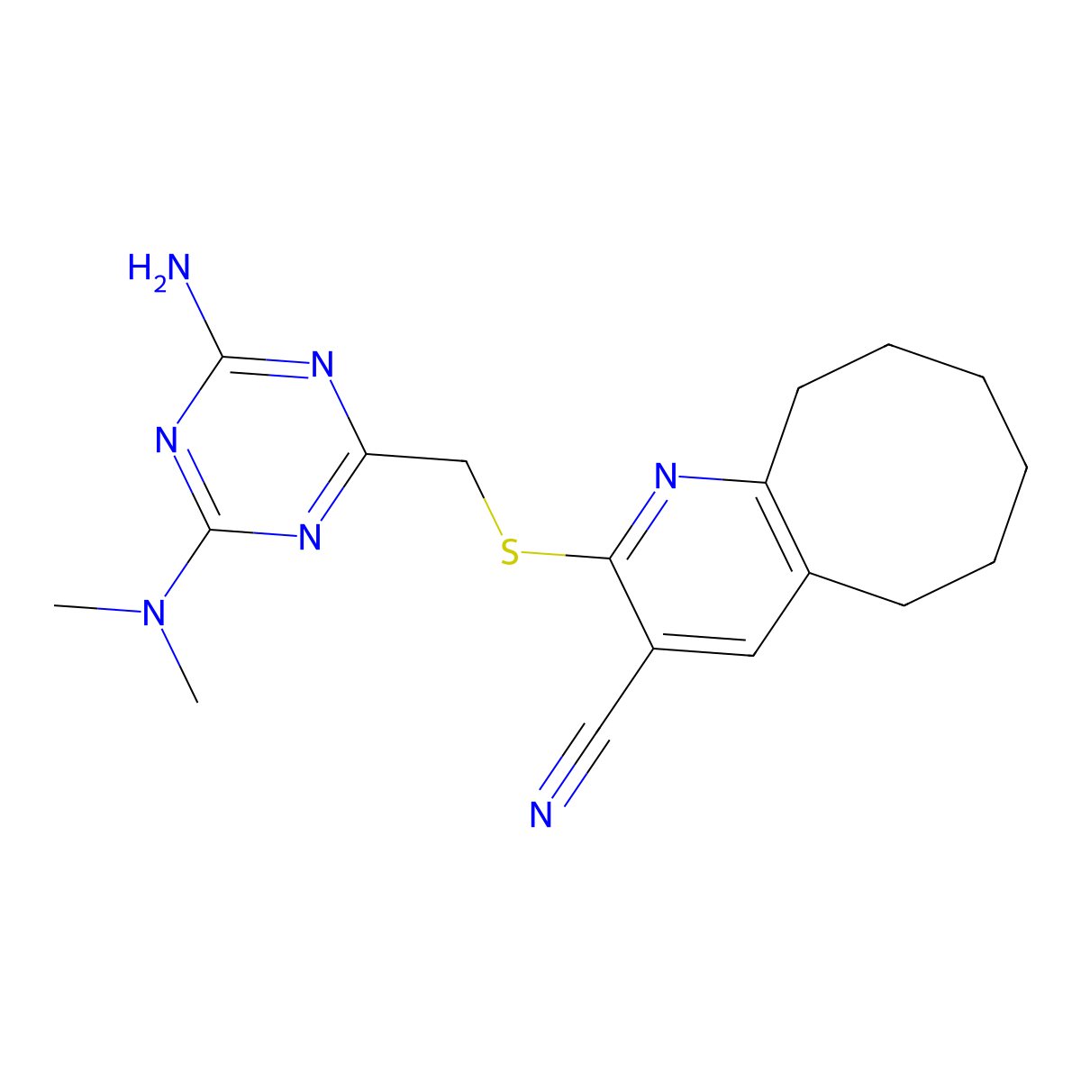 2-[[4-Amino-6-(dimethylamino)-1,3,5-triazin-2-yl]methylsulfanyl]-5,6,7,8,9,10-hexahydrocycloocta[b]pyridine-3-carbonitrile molecular structure, CAS 728001-49-8
