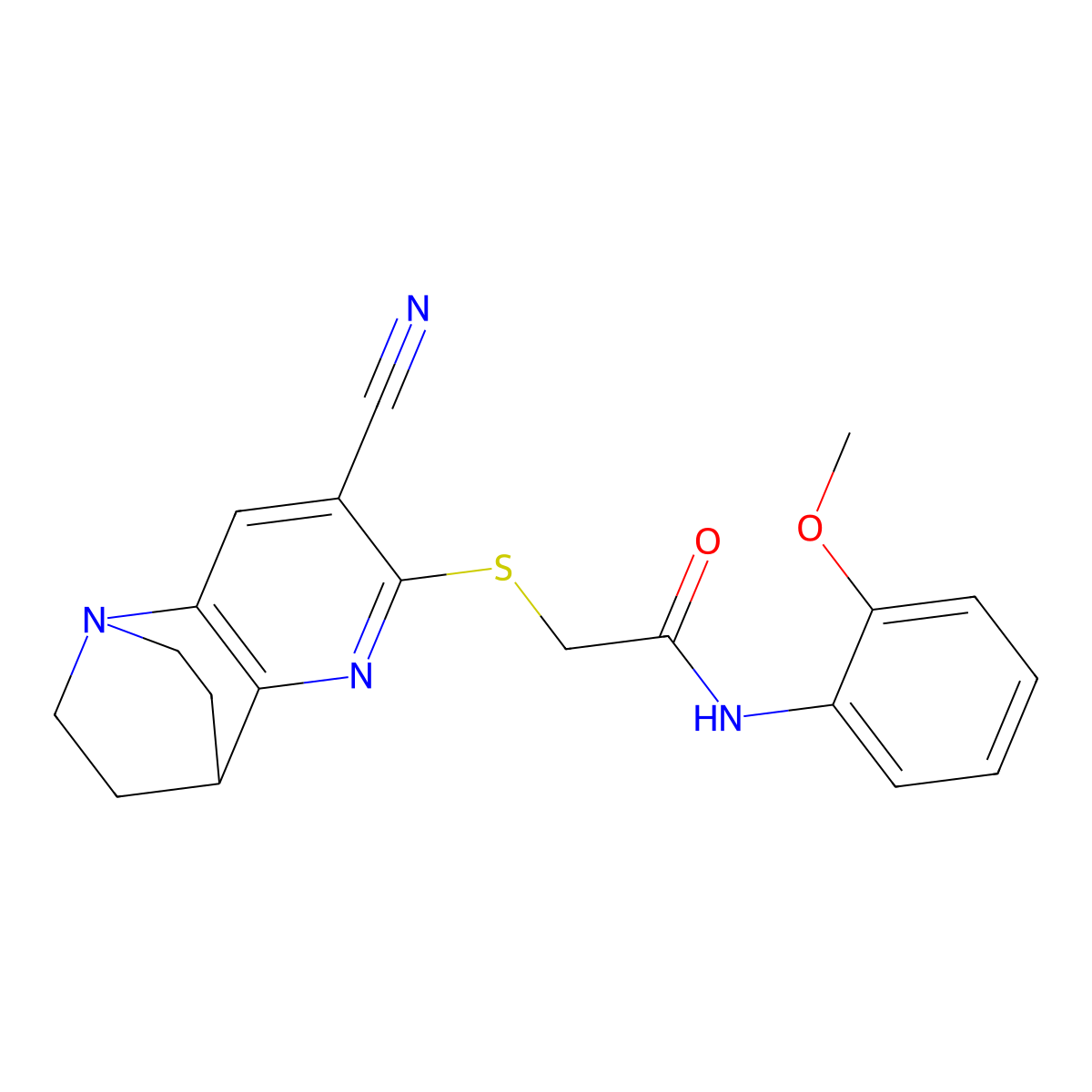 2-[(7-cyano-3,4-dihydro-2H-1,4-ethano-1,5-naphthyridin-6-yl)sulfanyl]-N-(2-methoxyphenyl)acetamide molecular structure, CAS 728001-53-4