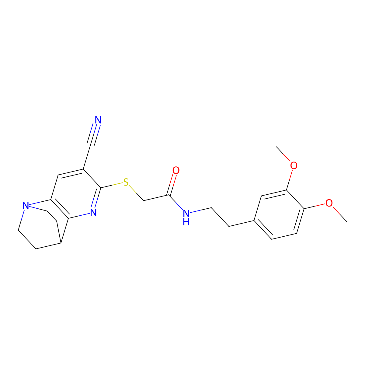 2-[(7-cyano-3,4-dihydro-2H-1,4-ethano-1,5-naphthyridin-6-yl)sulfanyl]-N-[2-(3,4-dimethoxyphenyl)ethyl]acetamide molecular structure, CAS 728001-60-3