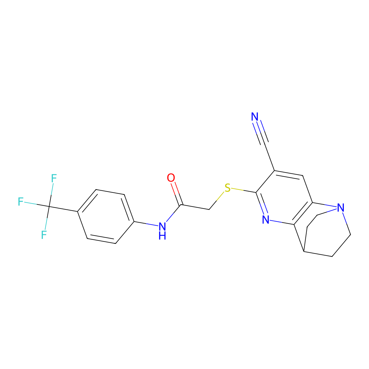 2-((7-Cyano-3,4-dihydro-2H-1,4-ethano-1,5-naphthyridin-6-yl)thio)-N-(4-(trifluoromethyl)phenyl)acetamide molecular structure, CAS 728003-20-1