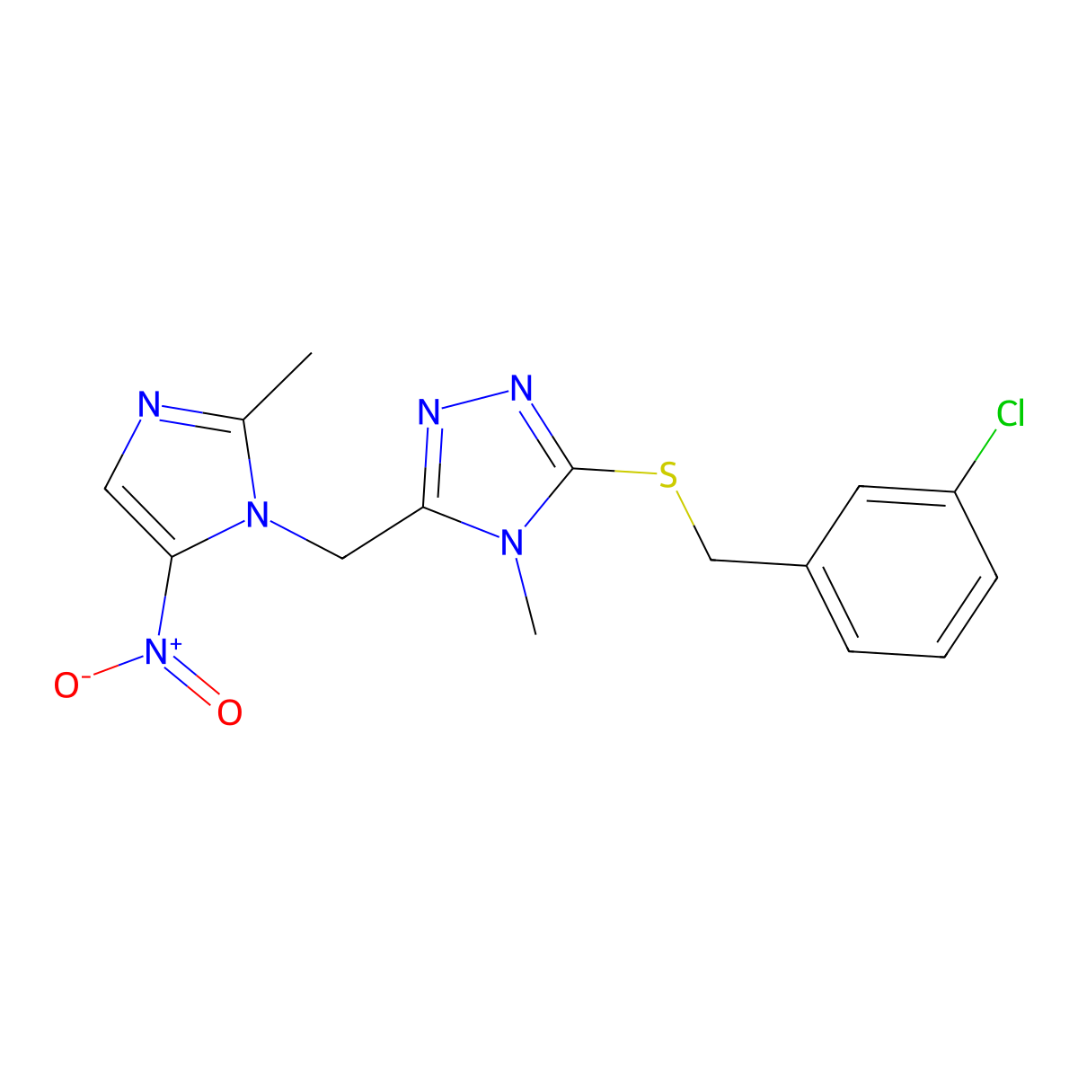 3-[(3-Chlorophenyl)methylsulfanyl]-4-methyl-5-[(2-methyl-5-nitroimidazol-1-yl)methyl]-1,2,4-triazole molecular structure, CAS 728024-18-8