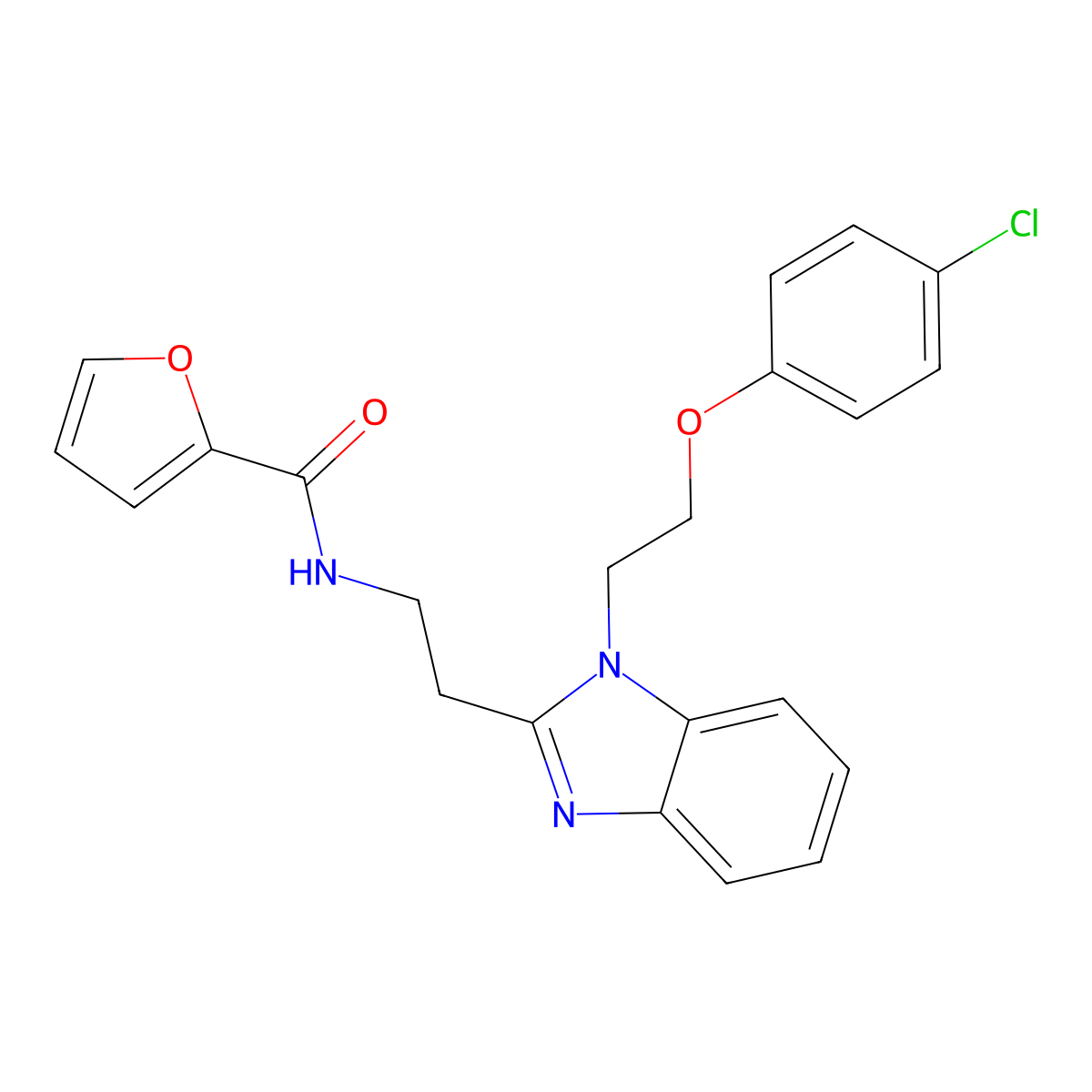 N-[2-[1-[2-(4-chlorophenoxy)ethyl]benzimidazol-2-yl]ethyl]furan-2-carboxamide molecular structure, CAS 728025-27-2