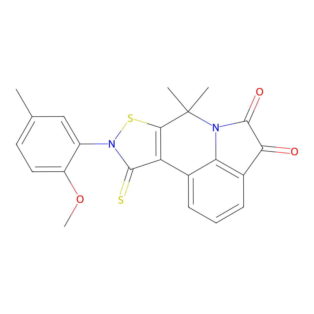 9-(2-methoxy-5-methylphenyl)-7,7-dimethyl-10-thioxo-9,10-dihydro-7H-isothiazolo[5,4-c]pyrrolo[3,2,1-ij]quinoline-4,5-dione molecular structure, CAS 728025-31-8