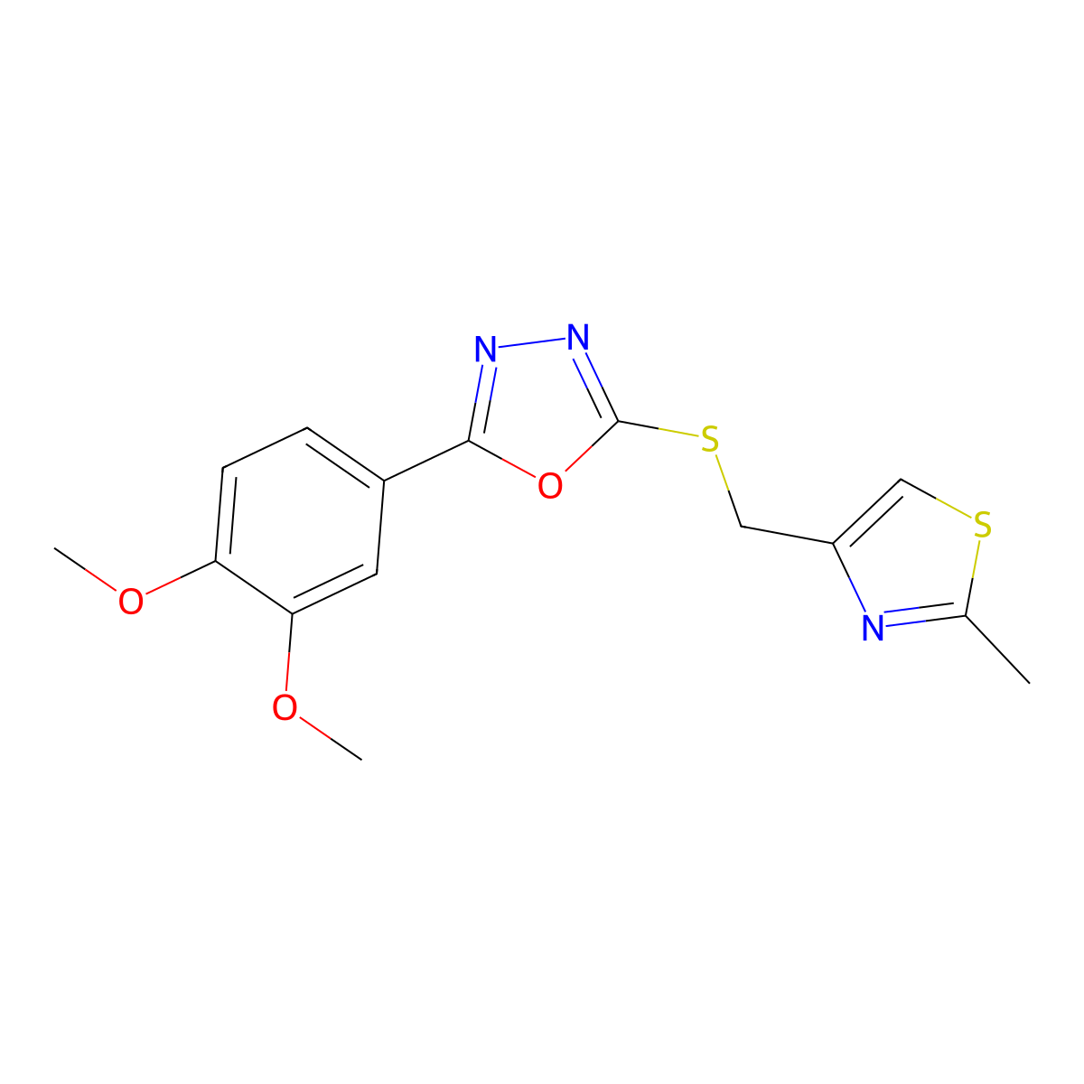 2-(3,4-Dimethoxyphenyl)-5-[(2-methyl-1,3-thiazol-4-yl)methylsulfanyl]-1,3,4-oxadiazole molecular structure, CAS 728026-09-3