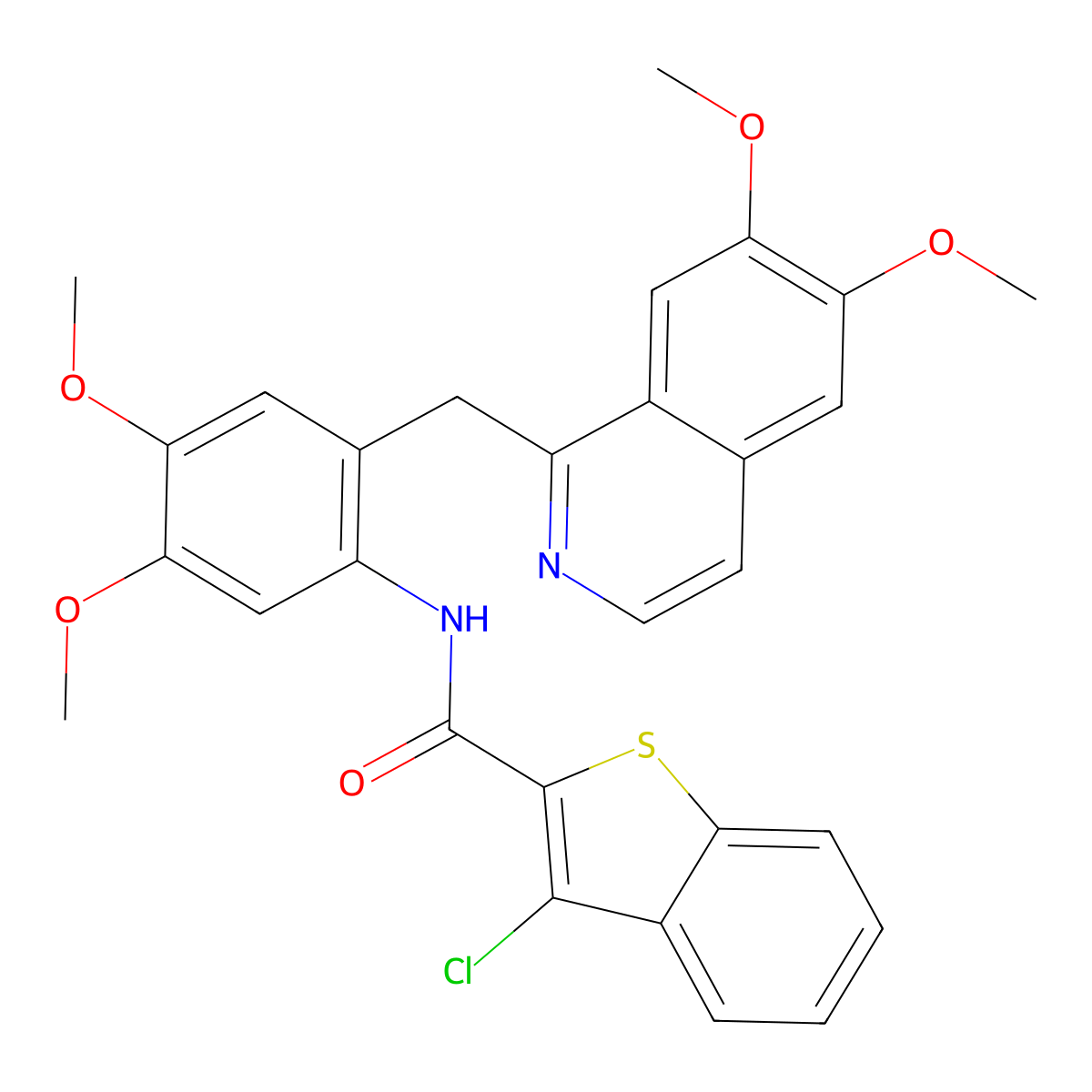 3-chloro-N-[2-[(6,7-dimethoxyisoquinolin-1-yl)methyl]-4,5-dimethoxyphenyl]-1-benzothiophene-2-carboxamide molecular structure, CAS 728027-16-5