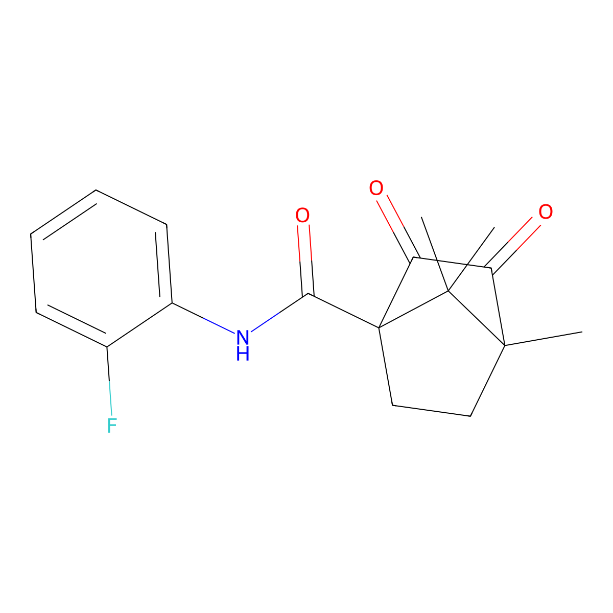 N-(2-fluorophenyl)-4,7,7-trimethyl-2,3-dioxobicyclo[2.2.1]heptane-1-carboxamide molecular structure, CAS 728028-67-9