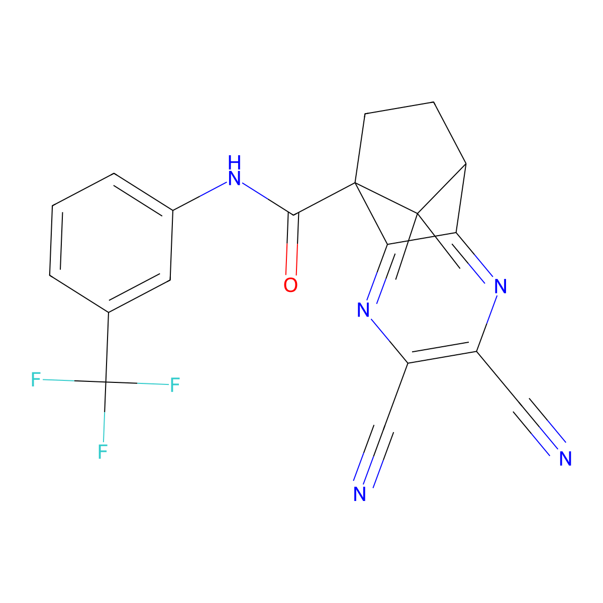 2,3-dicyano-9,9-dimethyl-N-[3-(trifluoromethyl)phenyl]-7,8-dihydro-5,8-methanoquinoxaline-5(6H)-carboxamide molecular structure, CAS 728028-76-0