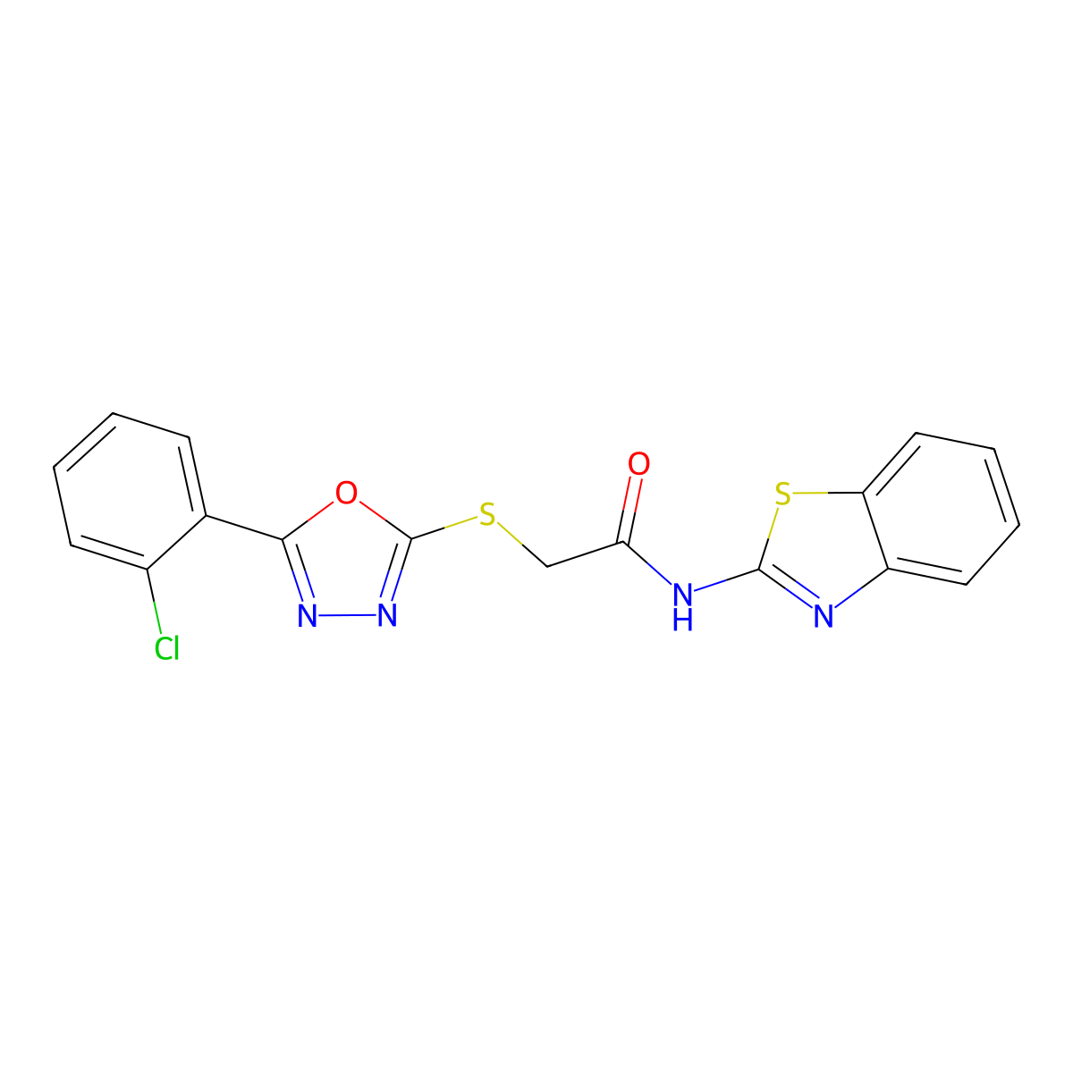 N-(1,3-benzothiazol-2-yl)-2-{[5-(2-chlorophenyl)-1,3,4-oxadiazol-2-yl]sulfanyl}acetamide molecular structure, CAS 728035-55-0