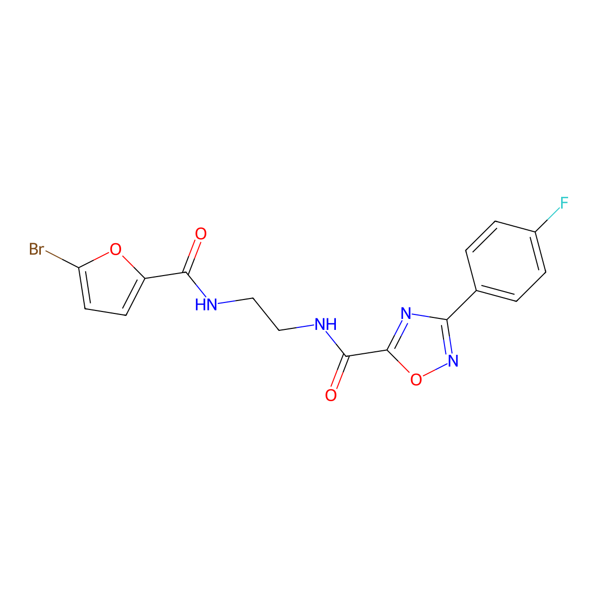 N-[2-[(5-bromofuran-2-carbonyl)amino]ethyl]-3-(4-fluorophenyl)-1,2,4-oxadiazole-5-carboxamide molecular structure, CAS 728035-63-0