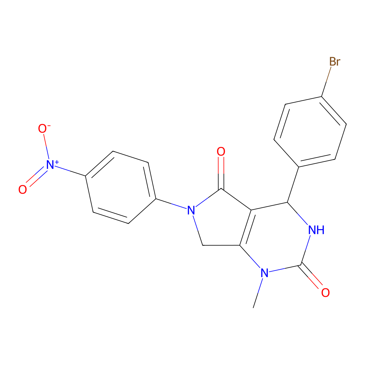 4-(4-bromophenyl)-1-methyl-6-(4-nitrophenyl)-3,4,6,7-tetrahydro-1H-pyrrolo[3,4-d]pyrimidine-2,5-dione molecular structure, CAS 728035-83-4