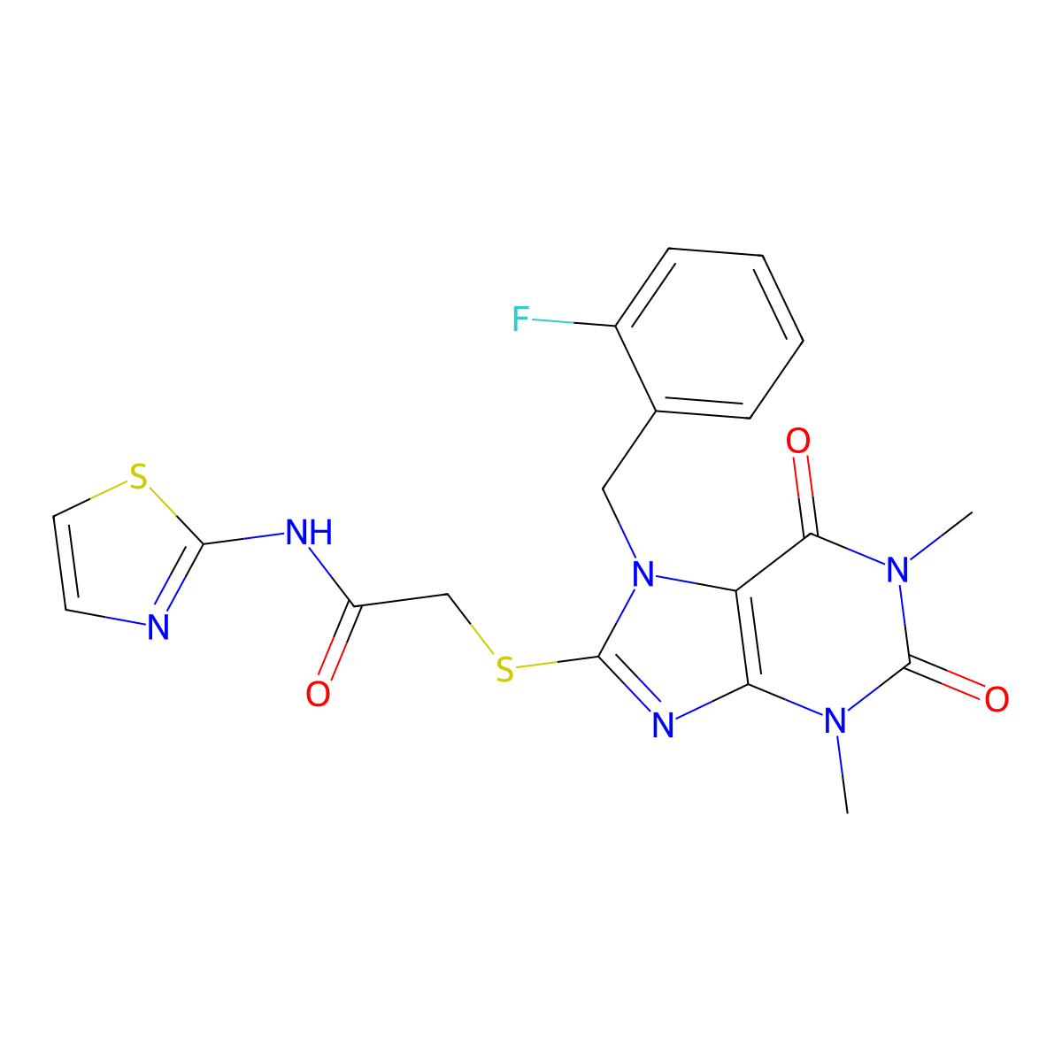 2-[7-[(2-fluorophenyl)methyl]-1,3-dimethyl-2,6-dioxopurin-8-yl]sulfanyl-N-(1,3-thiazol-2-yl)acetamide molecular structure, CAS 728036-61-1