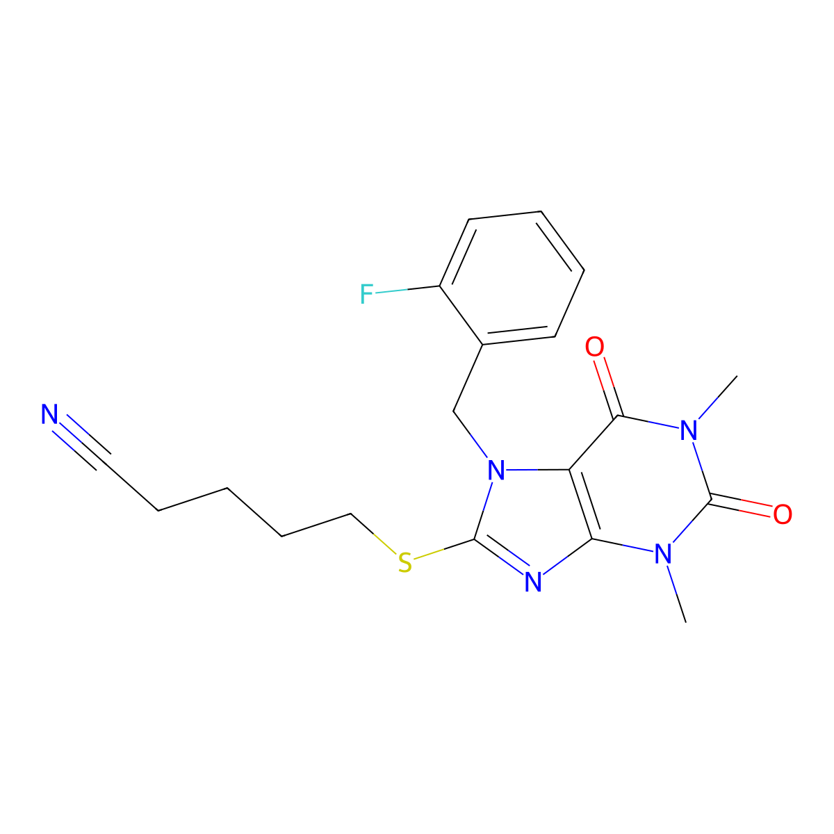 5-[7-[(2-Fluorophenyl)methyl]-1,3-dimethyl-2,6-dioxopurin-8-yl]sulfanylpentanenitrile molecular structure, CAS 728036-93-9