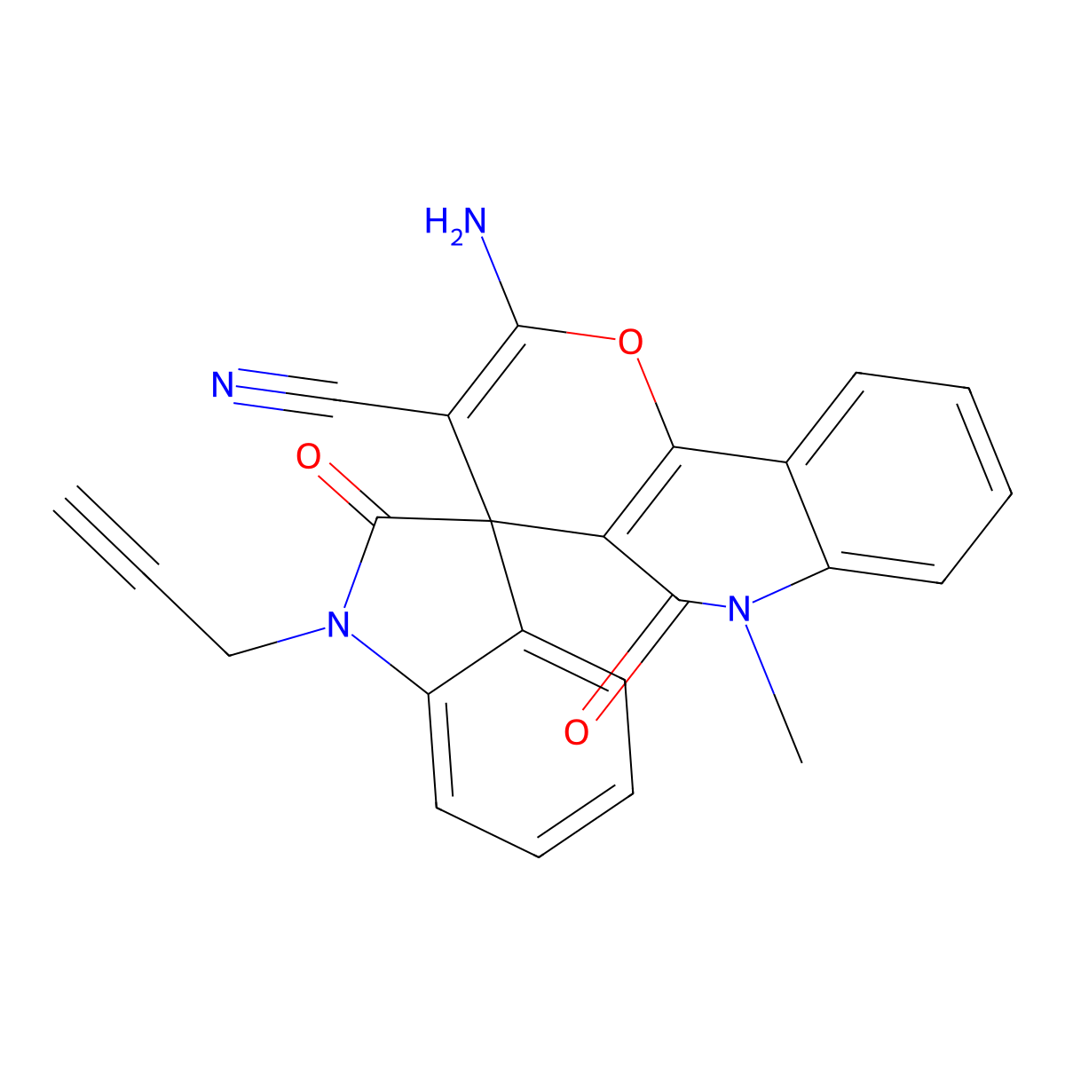 2'-Amino-6'-methyl-2,5'-dioxo-1-prop-2-ynylspiro[indole-3,4'-pyrano[3,2-c]quinoline]-3'-carbonitrile molecular structure, CAS 728037-04-5