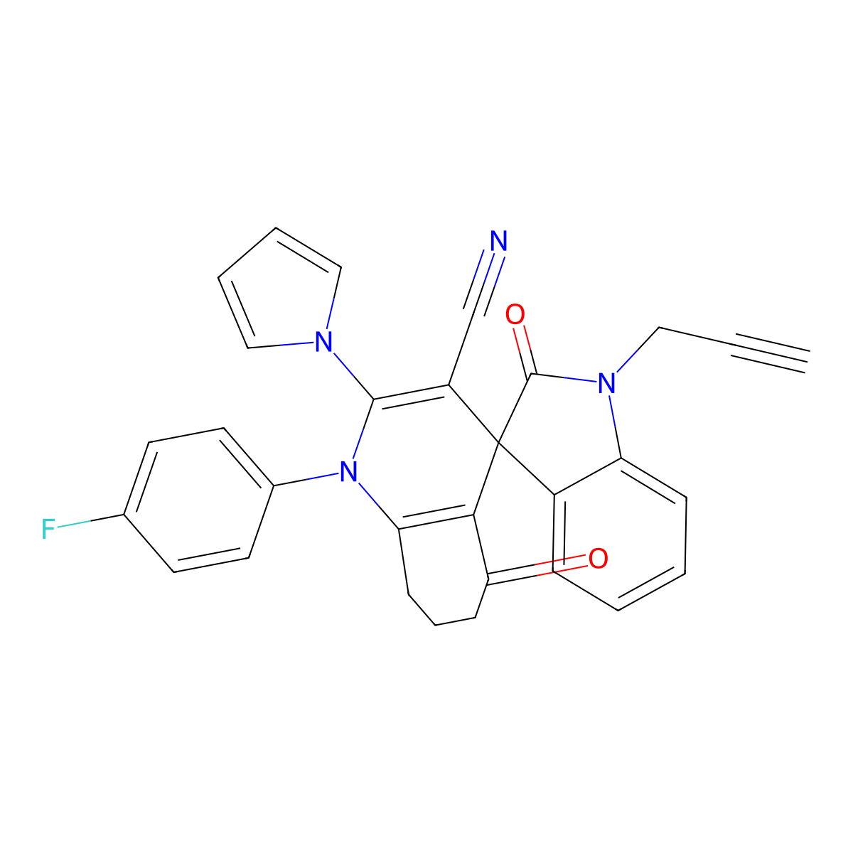 1-(4-fluorophenyl)-2',5-dioxo-1'-prop-2-ynyl-2-pyrrol-1-ylspiro[7,8-dihydro-6H-quinoline-4,3'-indole]-3-carbonitrile molecular structure, CAS 728037-29-4