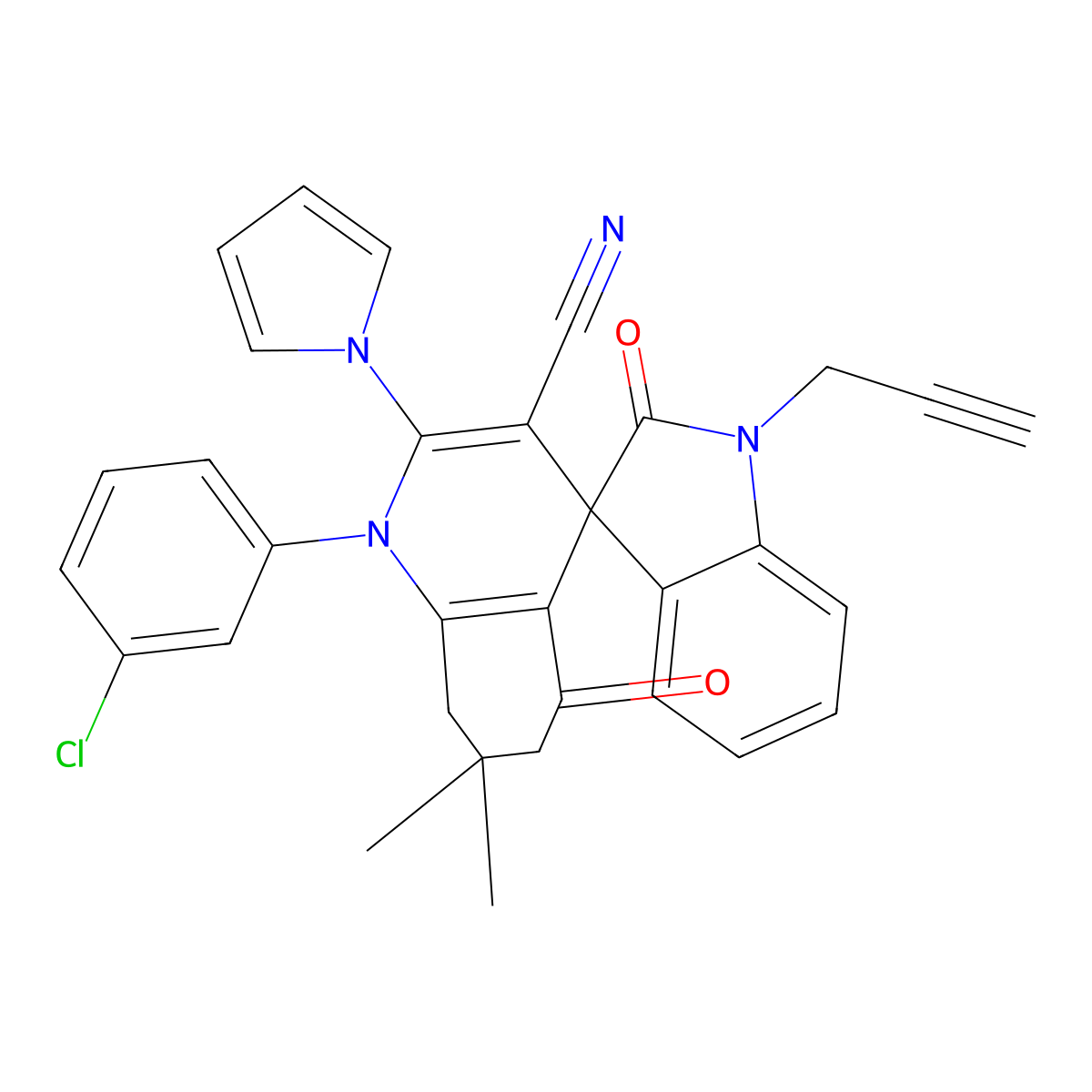 1-(3-Chlorophenyl)-7,7-dimethyl-2',5-dioxo-1'-prop-2-ynyl-2-pyrrol-1-ylspiro[6,8-dihydroquinoline-4,3'-indole]-3-carbonitrile molecular structure, CAS 728037-33-0