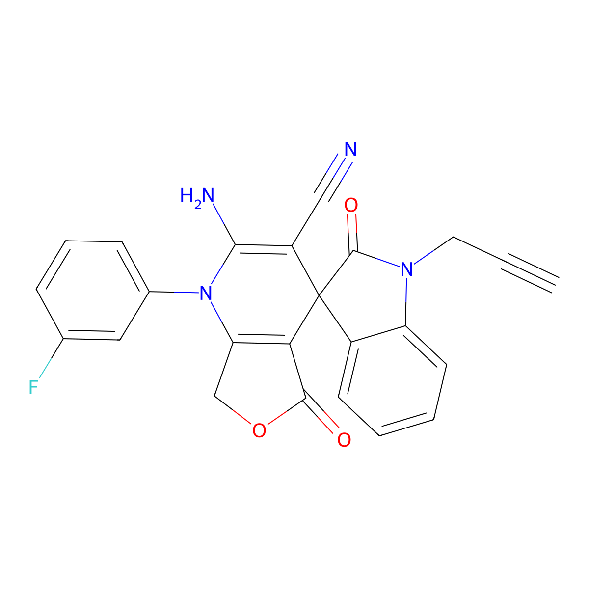 2-amino-1-(3-fluorophenyl)-2',5-dioxo-1'-prop-2-ynylspiro[7H-furo[3,4-b]pyridine-4,3'-indole]-3-carbonitrile molecular structure, CAS 728037-76-1