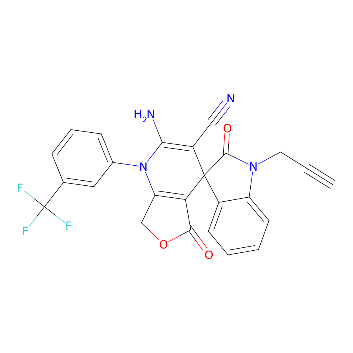 2-amino-2',5-dioxo-1'-prop-2-ynyl-1-[3-(trifluoromethyl)phenyl]spiro[7H-furo[3,4-b]pyridine-4,3'-indole]-3-carbonitrile molecular structure, CAS 728037-80-7