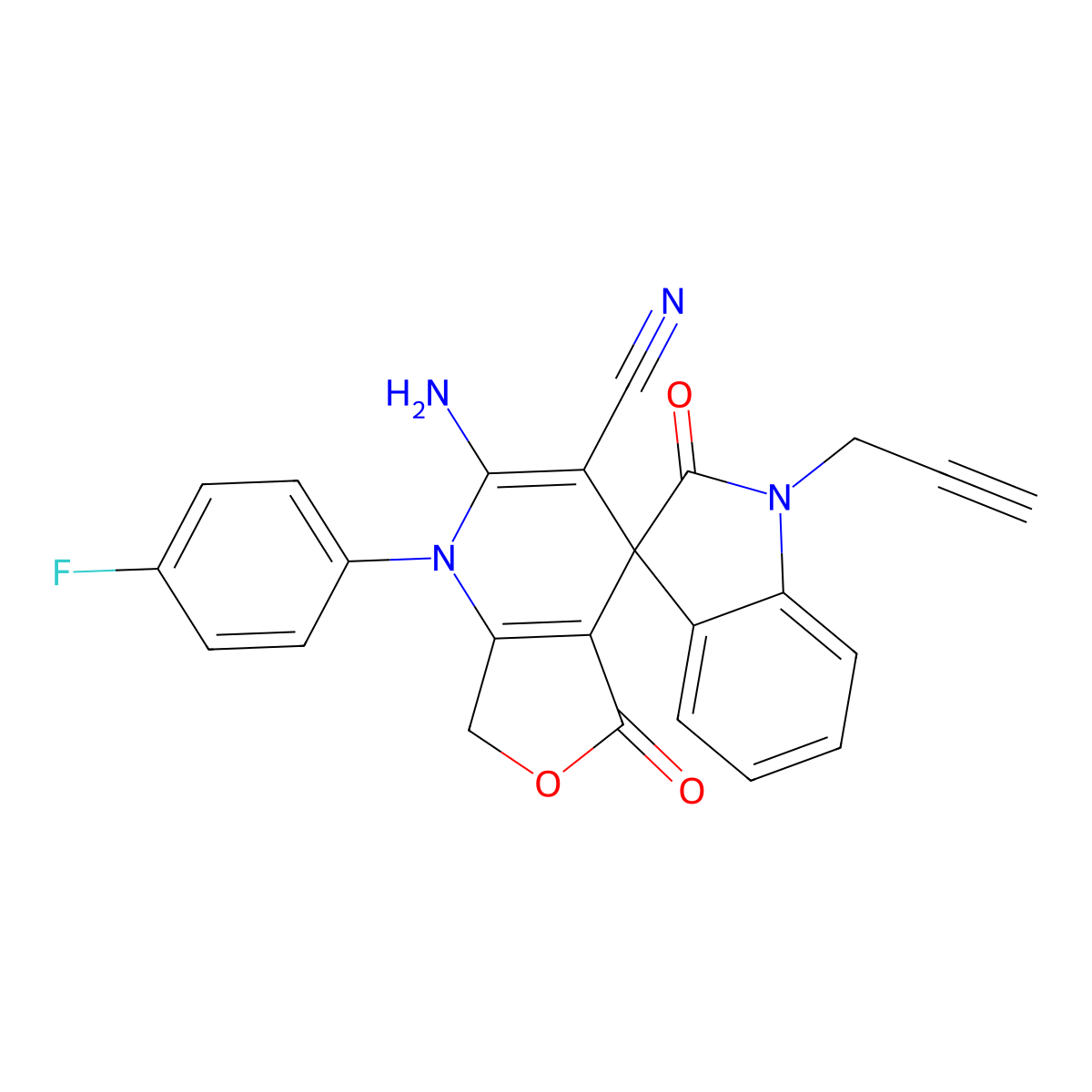 2-amino-1-(4-fluorophenyl)-2',5-dioxo-1'-prop-2-ynylspiro[7H-furo[3,4-b]pyridine-4,3'-indole]-3-carbonitrile molecular structure, CAS 728037-86-3