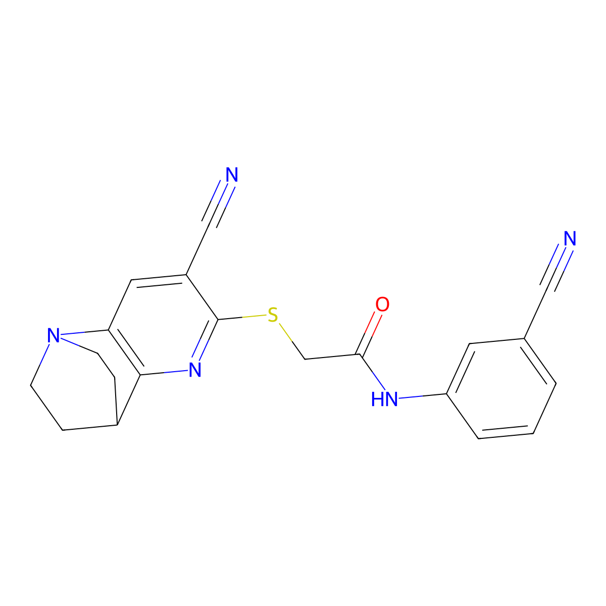 2-[(7-cyano-3,4-dihydro-2H-1,4-ethano-1,5-naphthyridin-6-yl)sulfanyl]-N-(3-cyanophenyl)acetamide molecular structure, CAS 728038-07-1