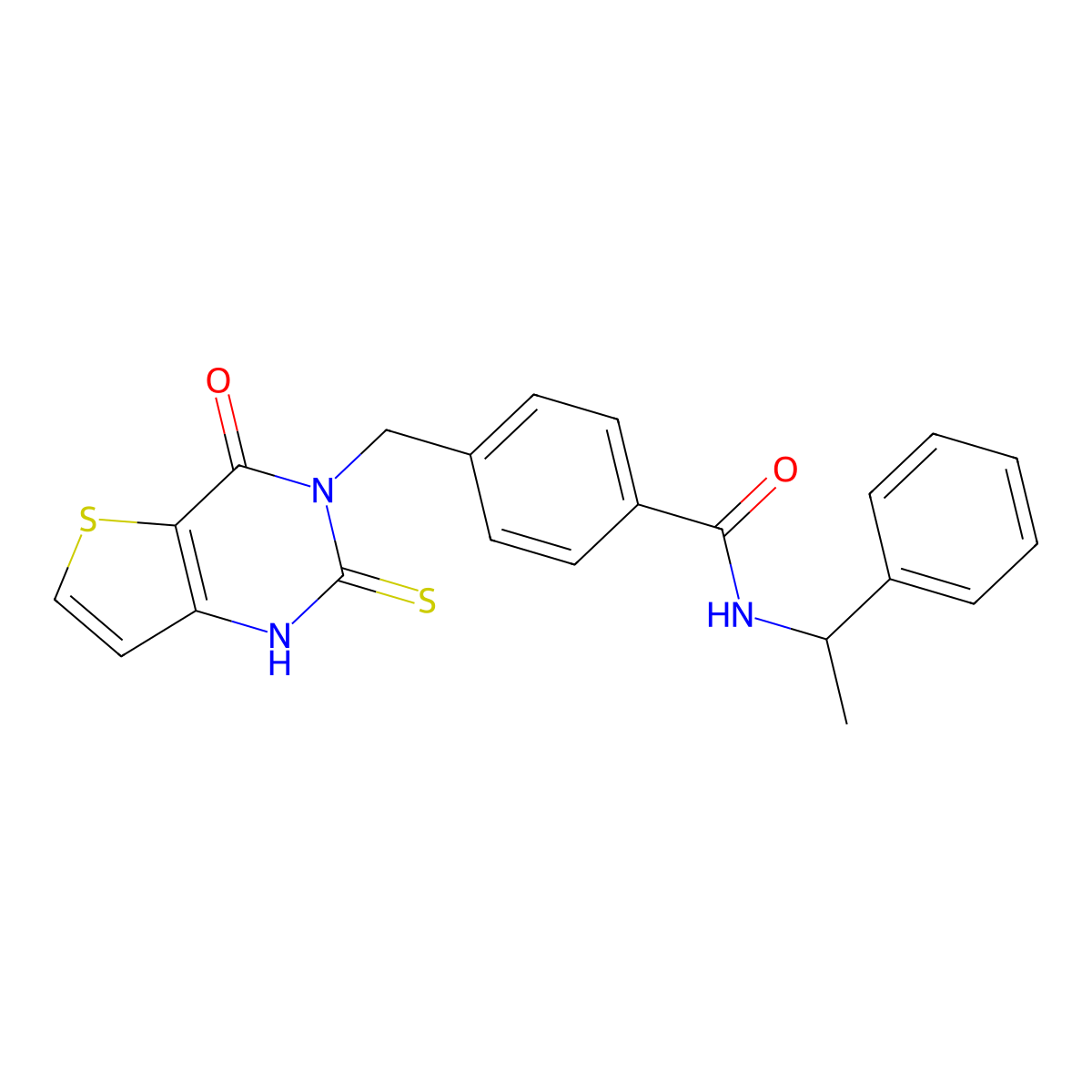 4-[(4-oxo-2-sulfanylidene-1H-thieno[3,2-d]pyrimidin-3-yl)methyl]-N-(1-phenylethyl)benzamide molecular structure, CAS 728039-52-9