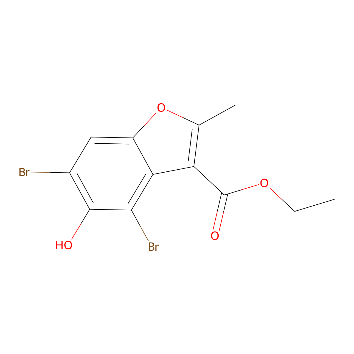 Ethyl 4,6-dibromo-5-hydroxy-2-methyl-1-benzofuran-3-carboxylate molecular structure, CAS 7287-42-5