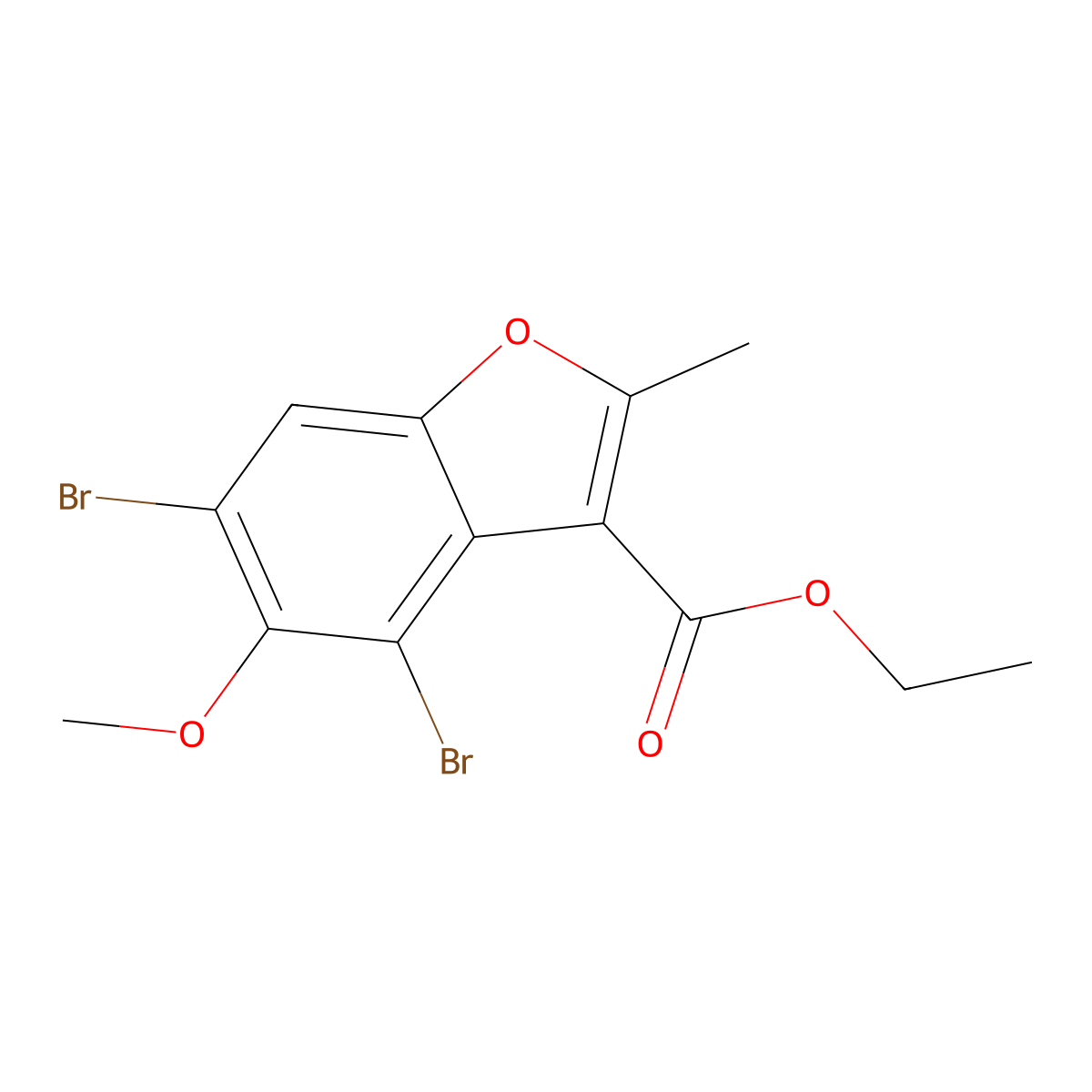 Ethyl 4,6-dibromo-5-methoxy-2-methyl-1-benzofuran-3-carboxylate molecular structure, CAS 7287-54-9