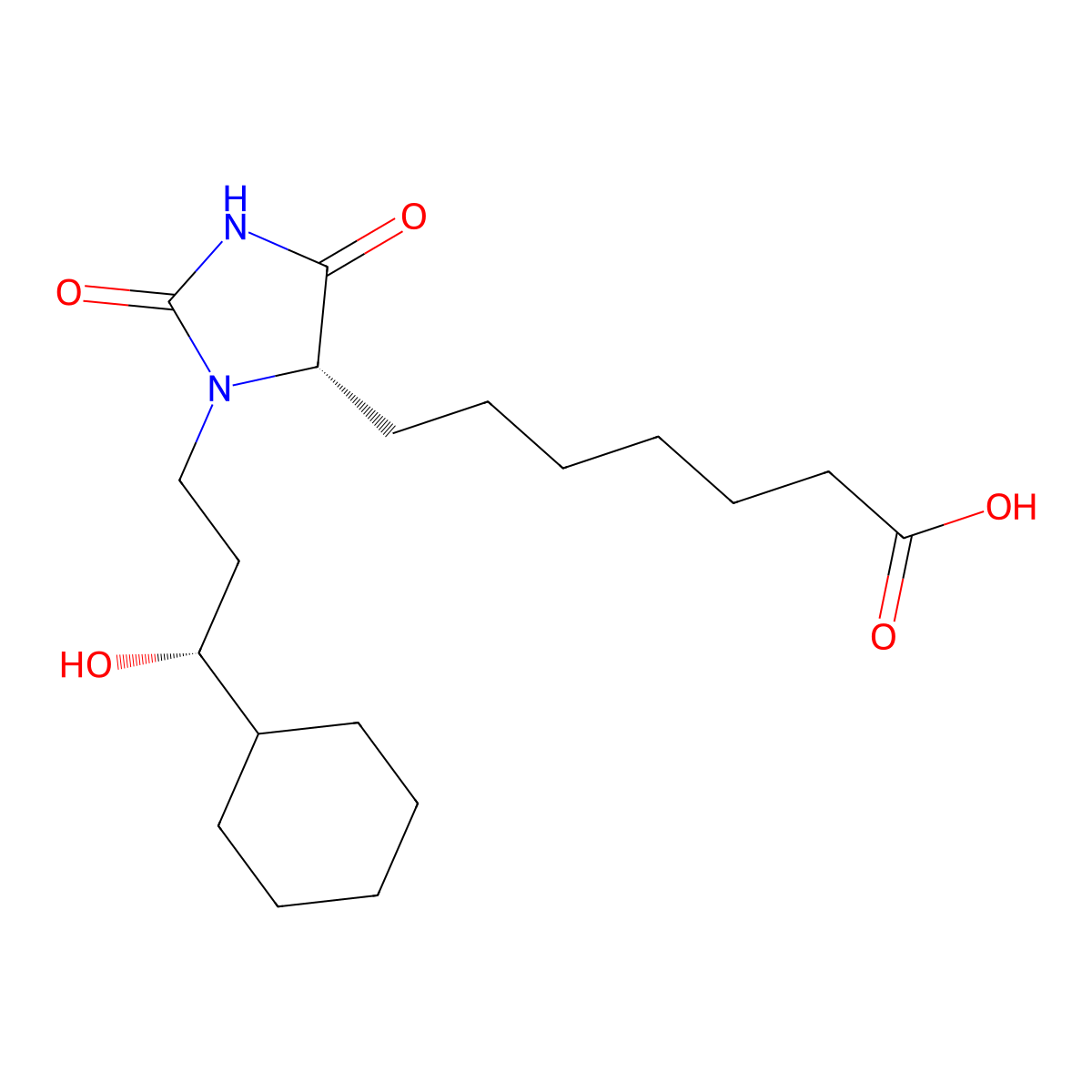 (R-(R*,S*))-3-(3-Cyclohexyl-3-hydroxypropyl)-2,5-dioxoimidazolidine-4-heptanoic acid molecular structure, CAS 72880-75-2