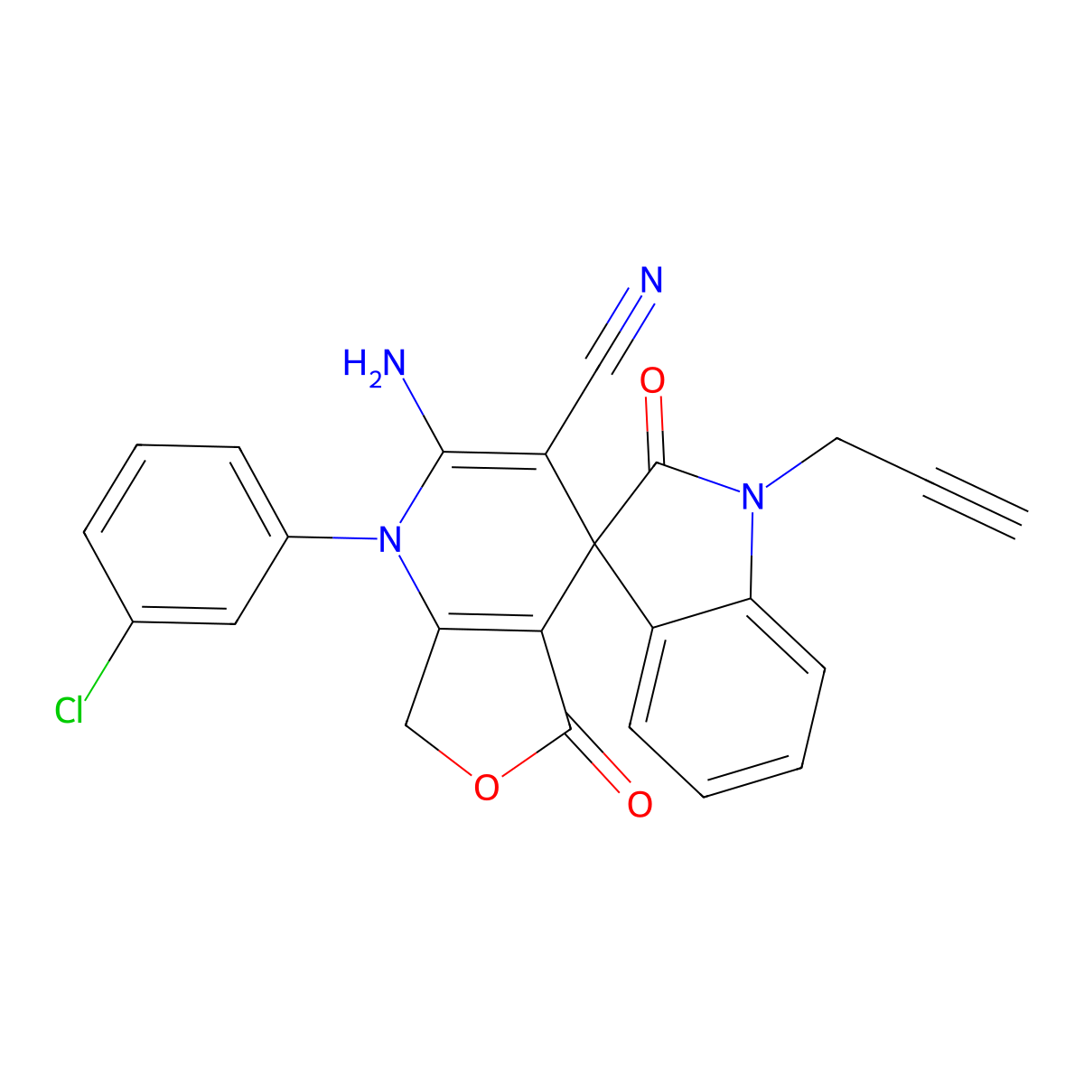 2-amino-1-(3-chlorophenyl)-2',5-dioxo-1'-prop-2-ynylspiro[7H-furo[3,4-b]pyridine-4,3'-indole]-3-carbonitrile molecular structure, CAS 728883-11-2