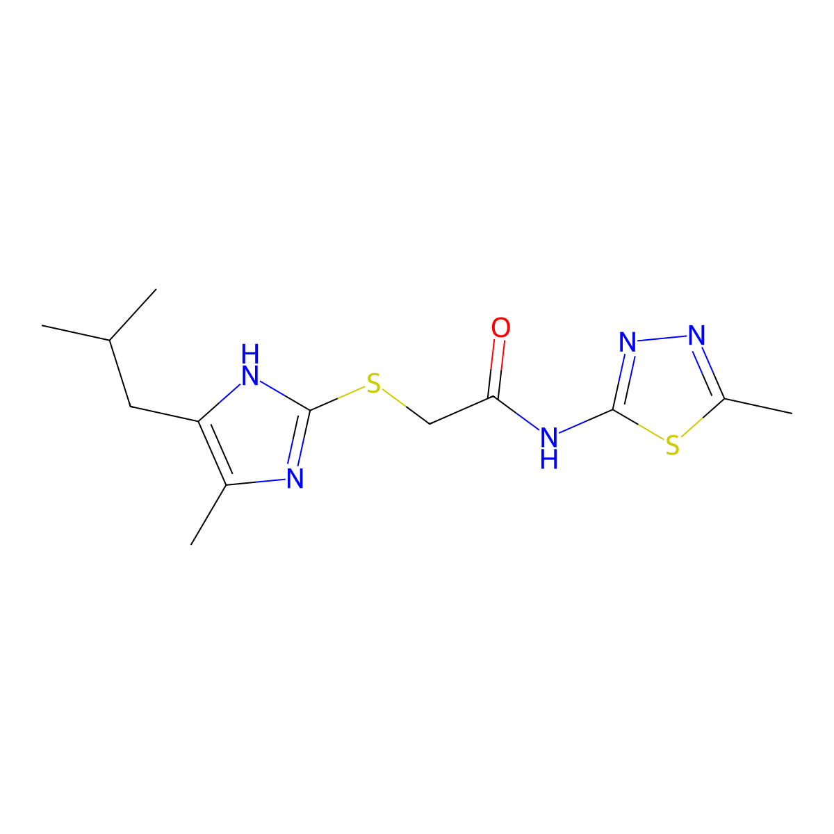 2-[[5-methyl-4-(2-methylpropyl)-1H-imidazol-2-yl]sulfanyl]-N-(5-methyl-1,3,4-thiadiazol-2-yl)acetamide molecular structure, CAS 728883-34-9