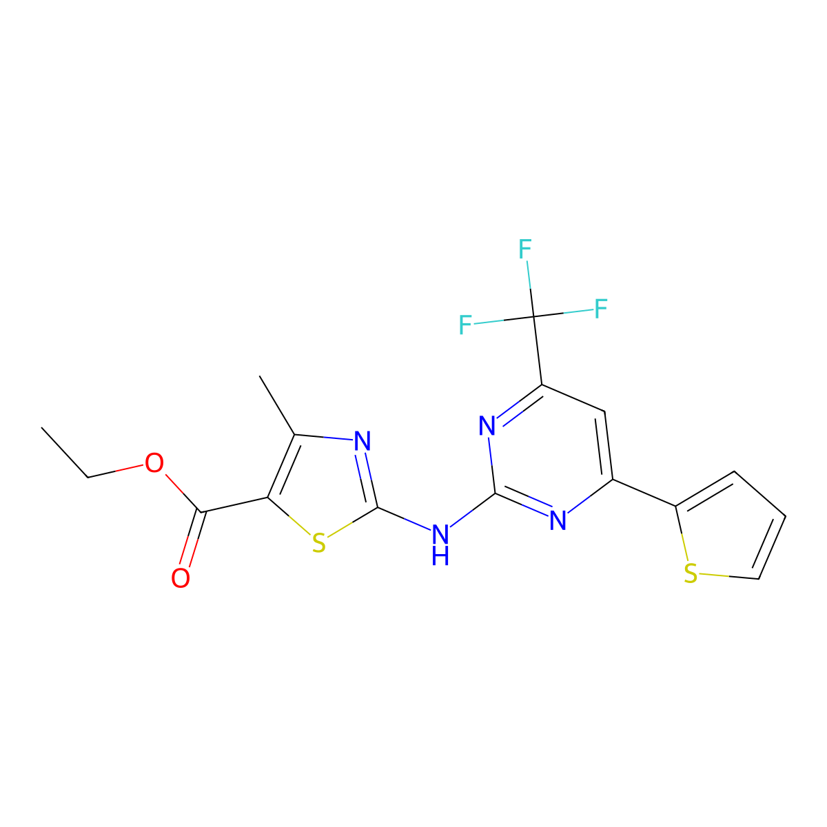 Ethyl 4-methyl-2-((4-(thiophen-2-yl)-6-(trifluoromethyl)pyrimidin-2-yl)amino)thiazole-5-carboxylate molecular structure, CAS 728883-80-5