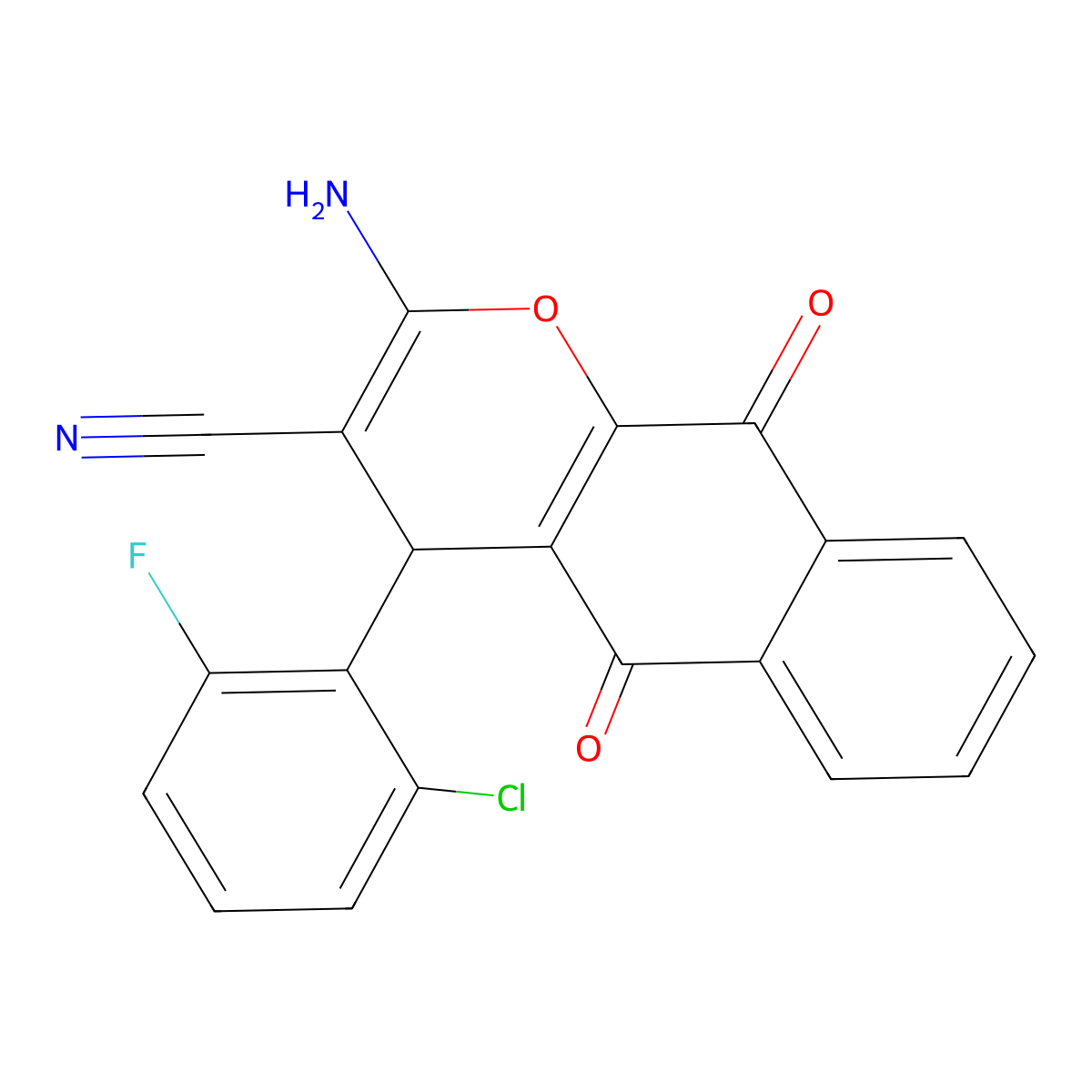 2-amino-4-(2-chloro-6-fluorophenyl)-5,10-dioxo-4H-benzo[g]chromene-3-carbonitrile molecular structure, CAS 728884-07-9