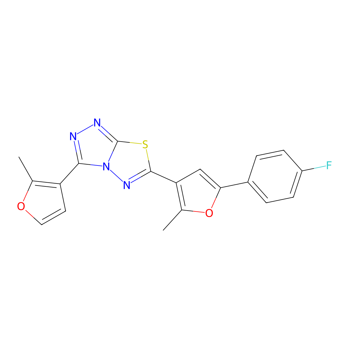 6-[5-(4-Fluorophenyl)-2-methylfuran-3-yl]-3-(2-methylfuran-3-yl)-[1,2,4]triazolo[3,4-b][1,3,4]thiadiazole molecular structure, CAS 728884-41-1
