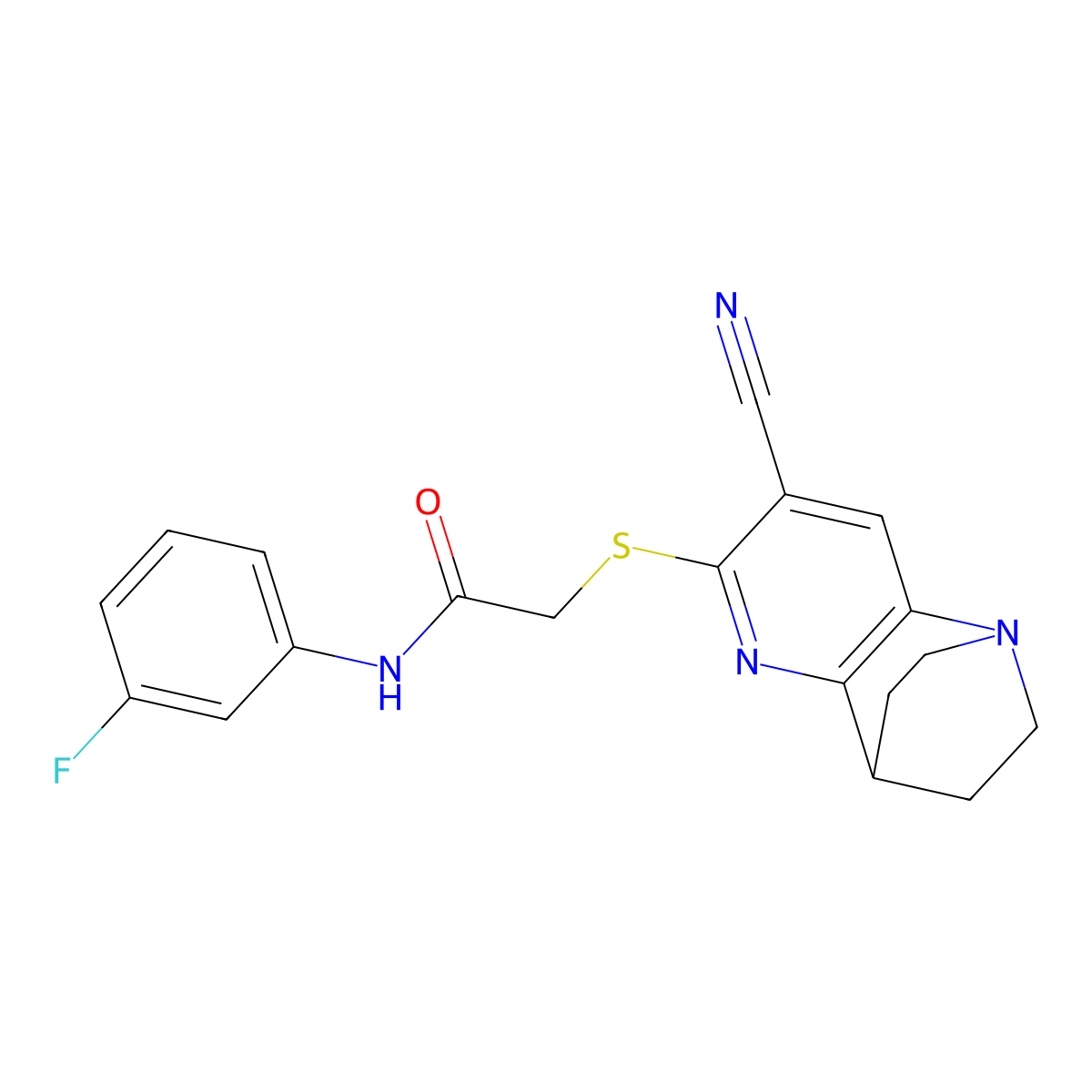 2-[(7-cyano-3,4-dihydro-2H-1,4-ethano-1,5-naphthyridin-6-yl)sulfanyl]-N-(3-fluorophenyl)acetamide molecular structure, CAS 728885-86-7