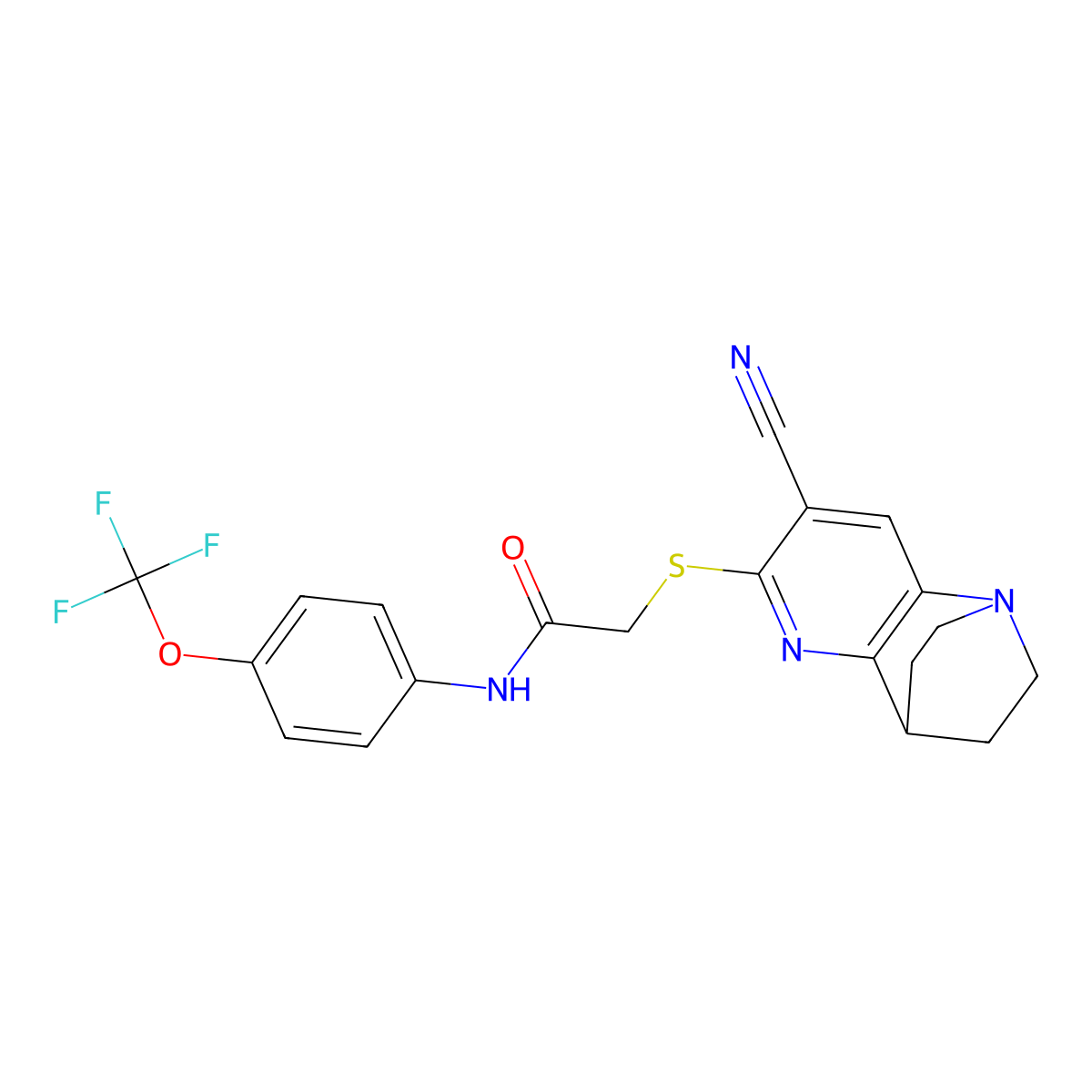 2-[(7-cyano-3,4-dihydro-2H-1,4-ethano-1,5-naphthyridin-6-yl)sulfanyl]-N-[4-(trifluoromethoxy)phenyl]acetamide molecular structure, CAS 728885-88-9